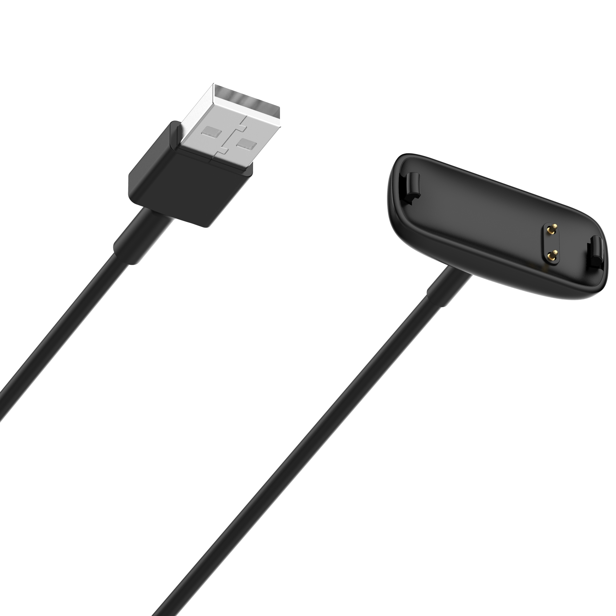 Ein schwarzes Ladekabel mit einem USB-Ende und einem separaten Ladeanschluss für einen Fitnesstracker.