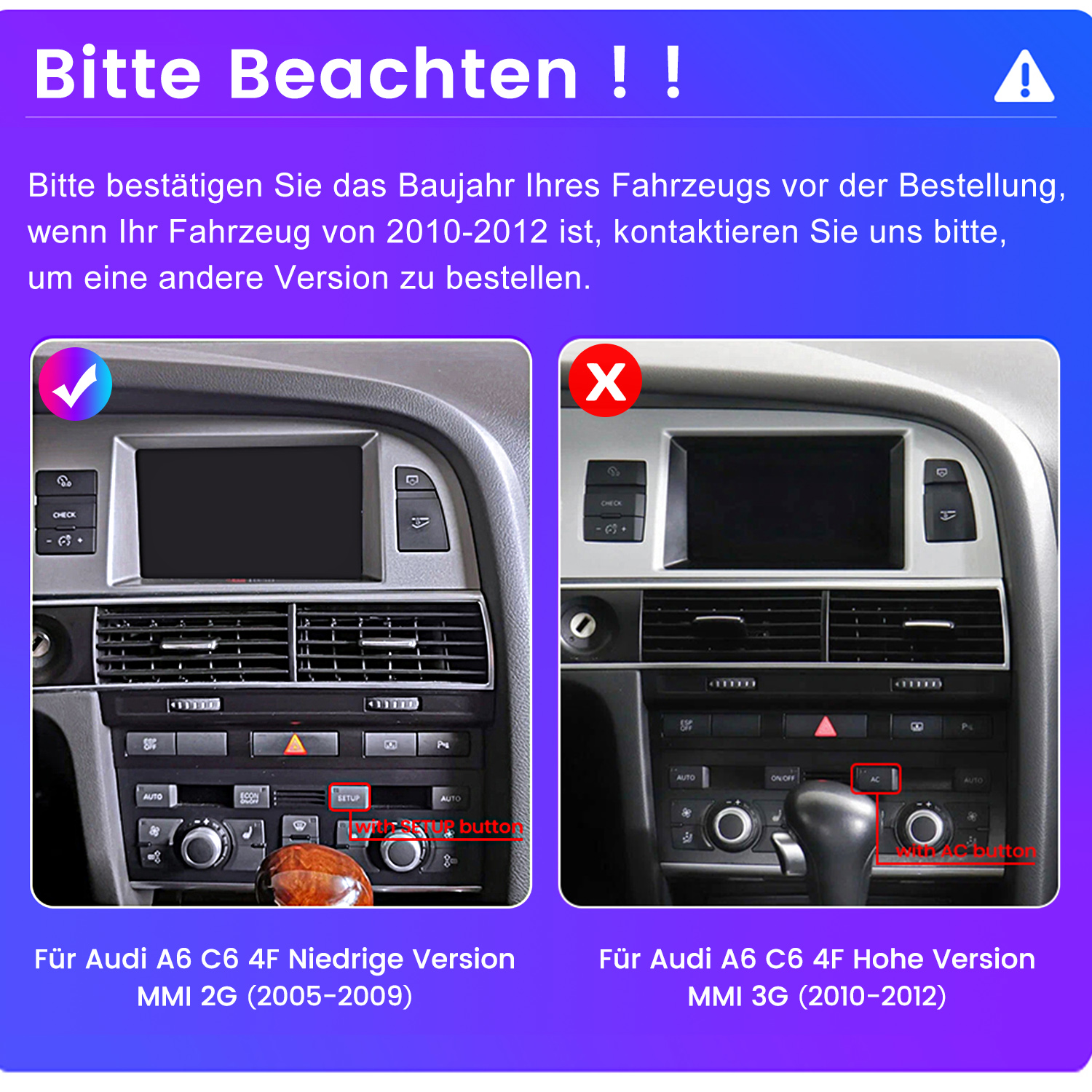 Zwei Armaturenbretter, eines mit Häkchen, das andere mit einem X. Text gibt das Baujahr des Autos an.