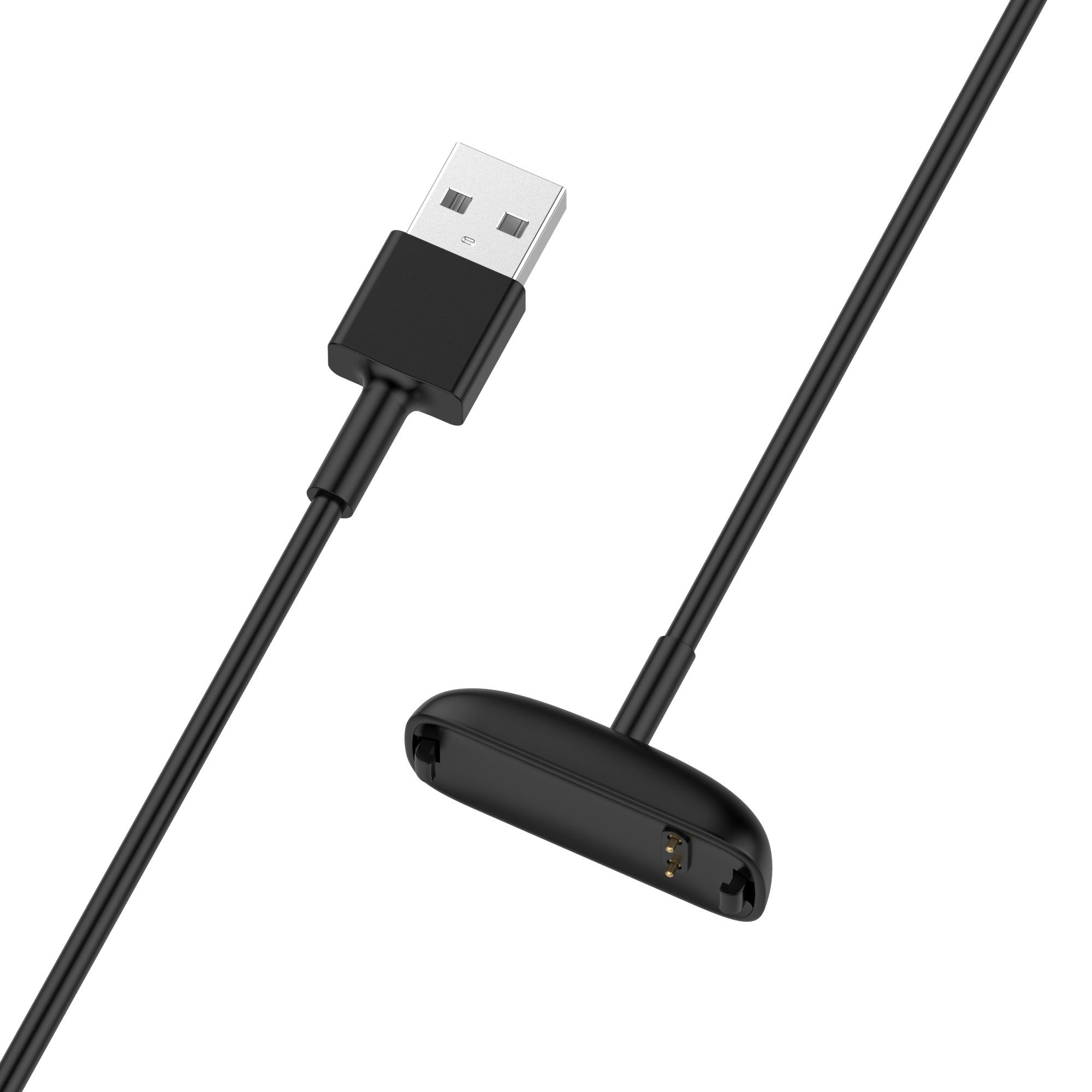 Ein schwarzes USB-Ladekabel mit USB-Anschluss und Ladekopf.