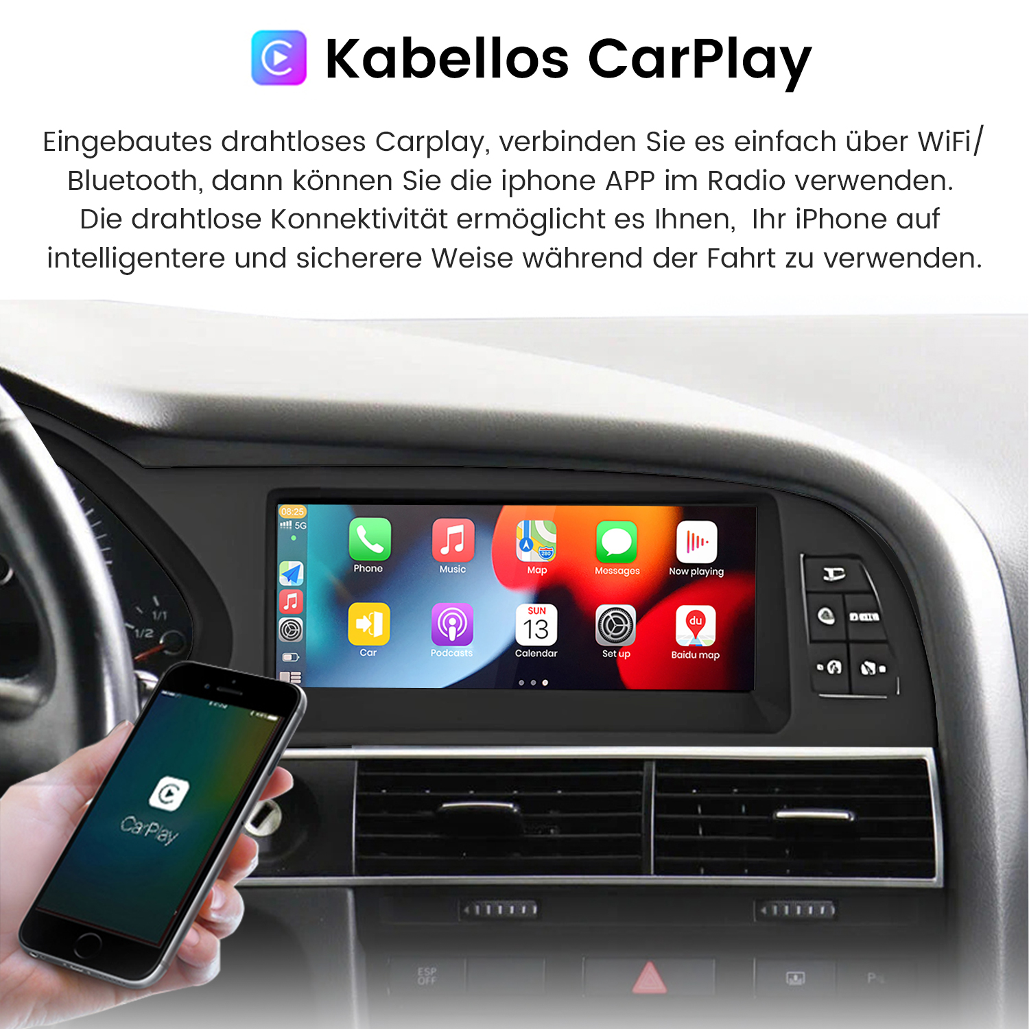 Armaturenbrett eines Autos mit Telefon, das CarPlay-Oberfläche anzeigt. Hand, die das Telefon hält. Text oben.