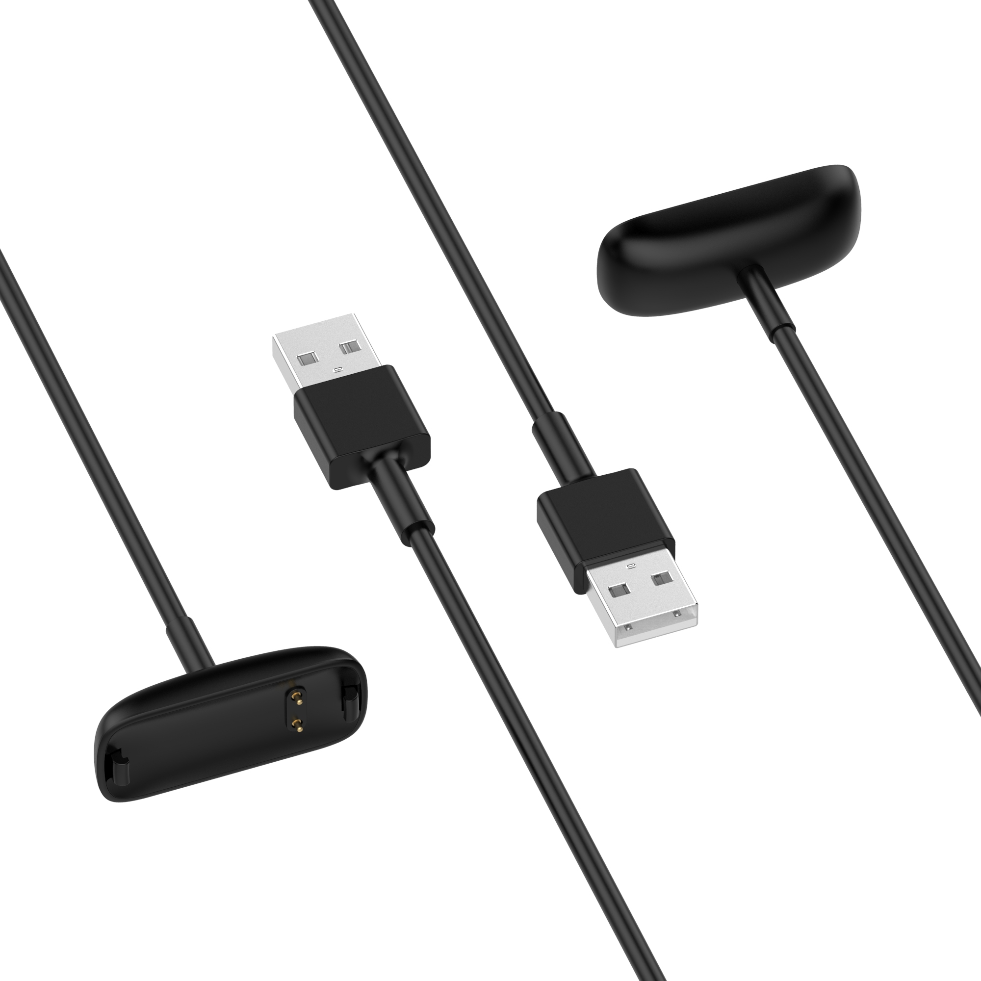 Mehrere schwarze USB-Ladekabel. Jedes hat einen USB-A-Anschluss und einen Anschluss für ein Gerät.