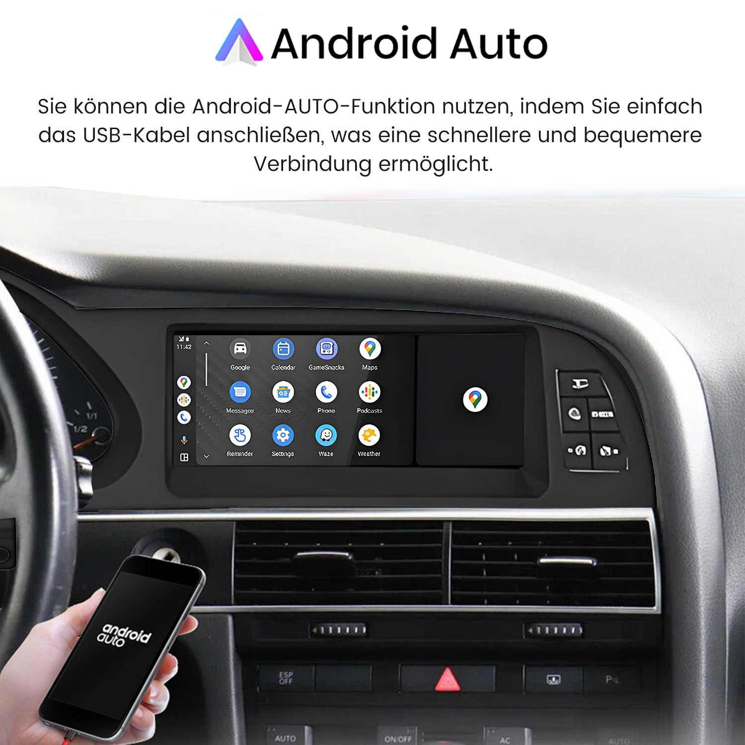 Auto-Armaturenbrett mit Bildschirm, der Android Auto-Oberfläche anzeigt. Ein Telefon wird in der Hand gezeigt.
