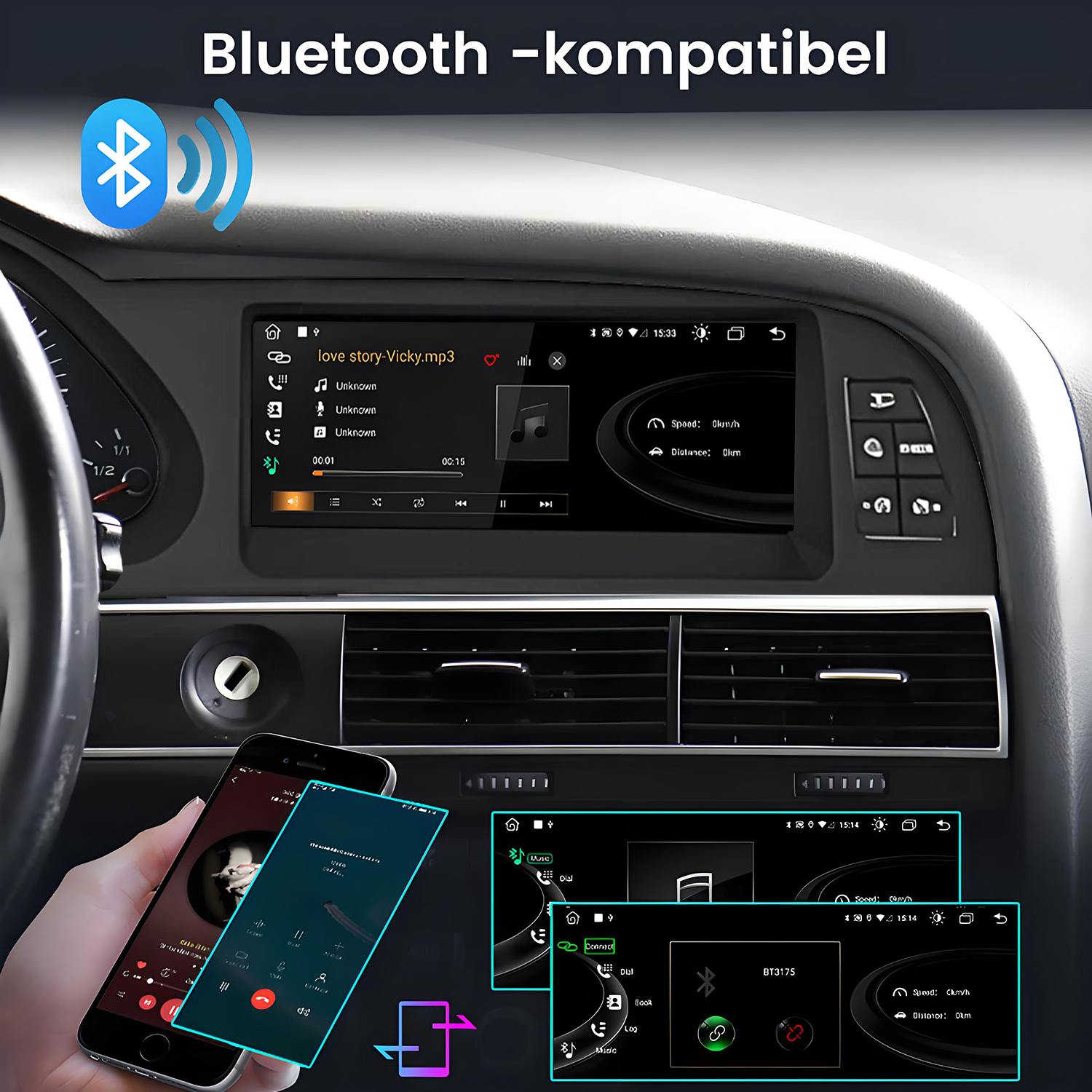Auto-Armaturenbrettanzeige mit Telefonbildschirmen, die Musik-Apps und Bluetooth-Verbindung zeigen.