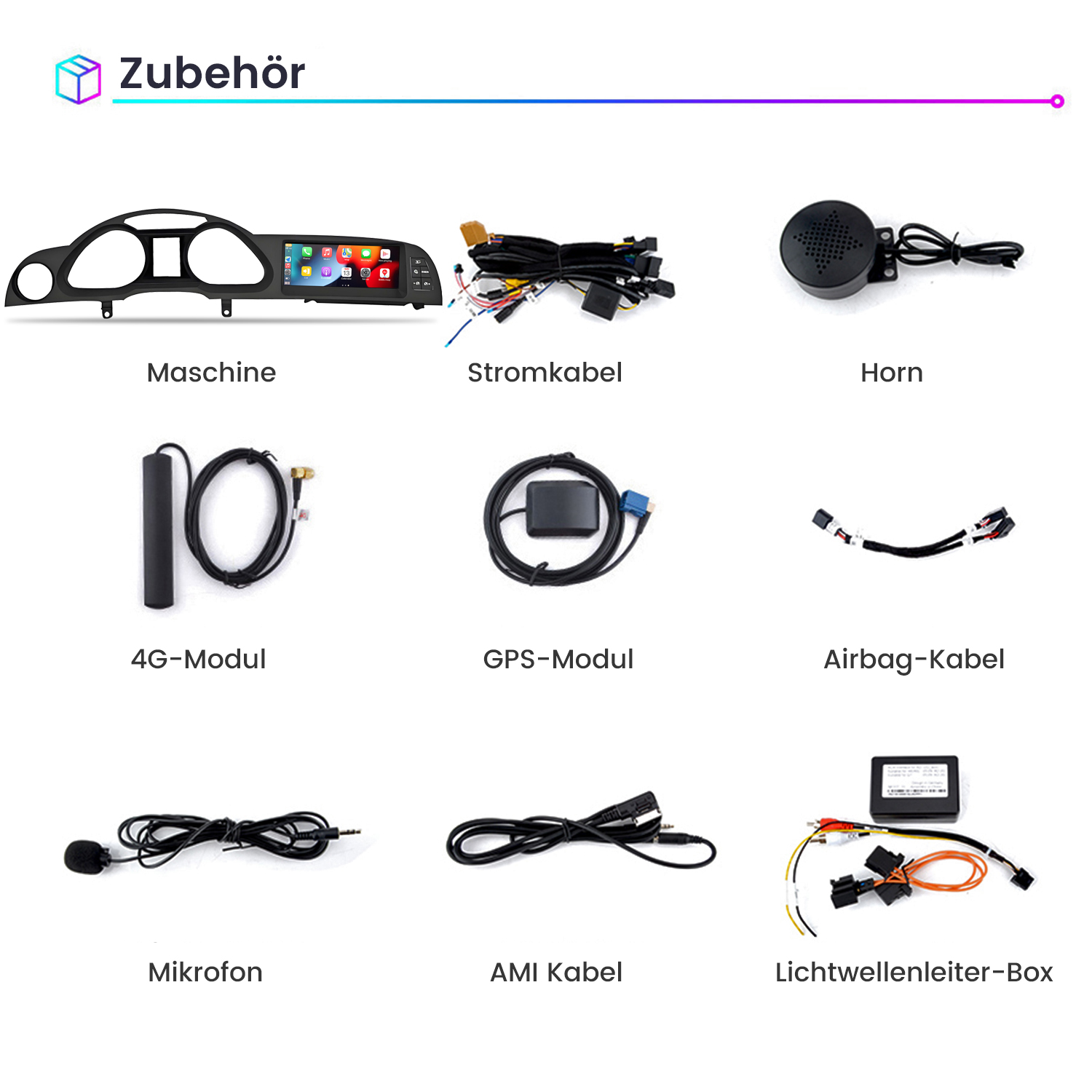 Anordnung von Autozubehör: Armaturenbrett, Kabel, Lautsprecher, 4G-Modul, GPS usw. auf weißer Oberfläche.