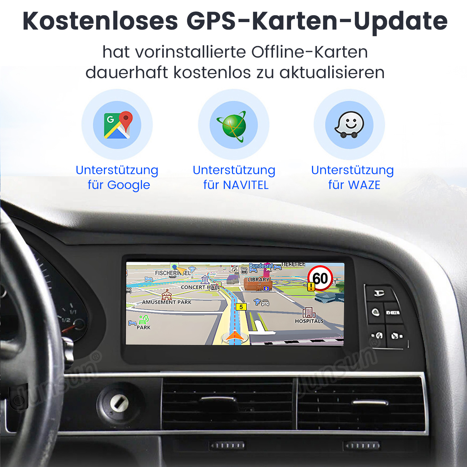 Auto-Navigationsbildschirm mit einer Karte, die eine Route zeigt. Oben drei Symbole für Google, Navitel und Waze.