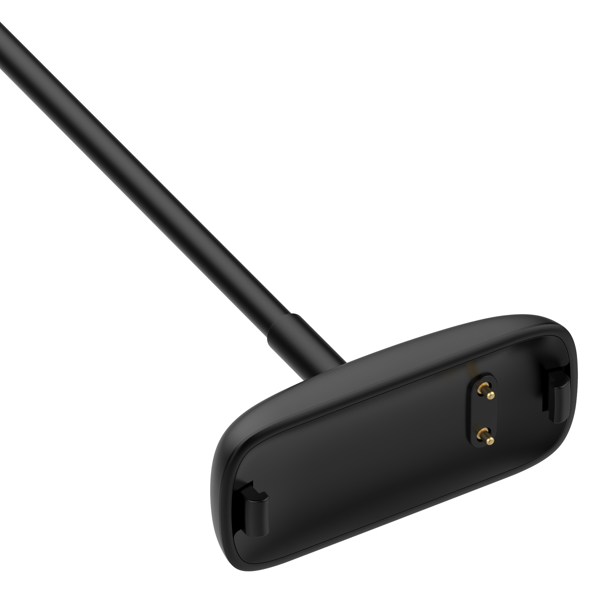 Schwarzes Ladekabel für einen Fitness-Tracker. Es hat zwei goldene Stifte am Ladeende.