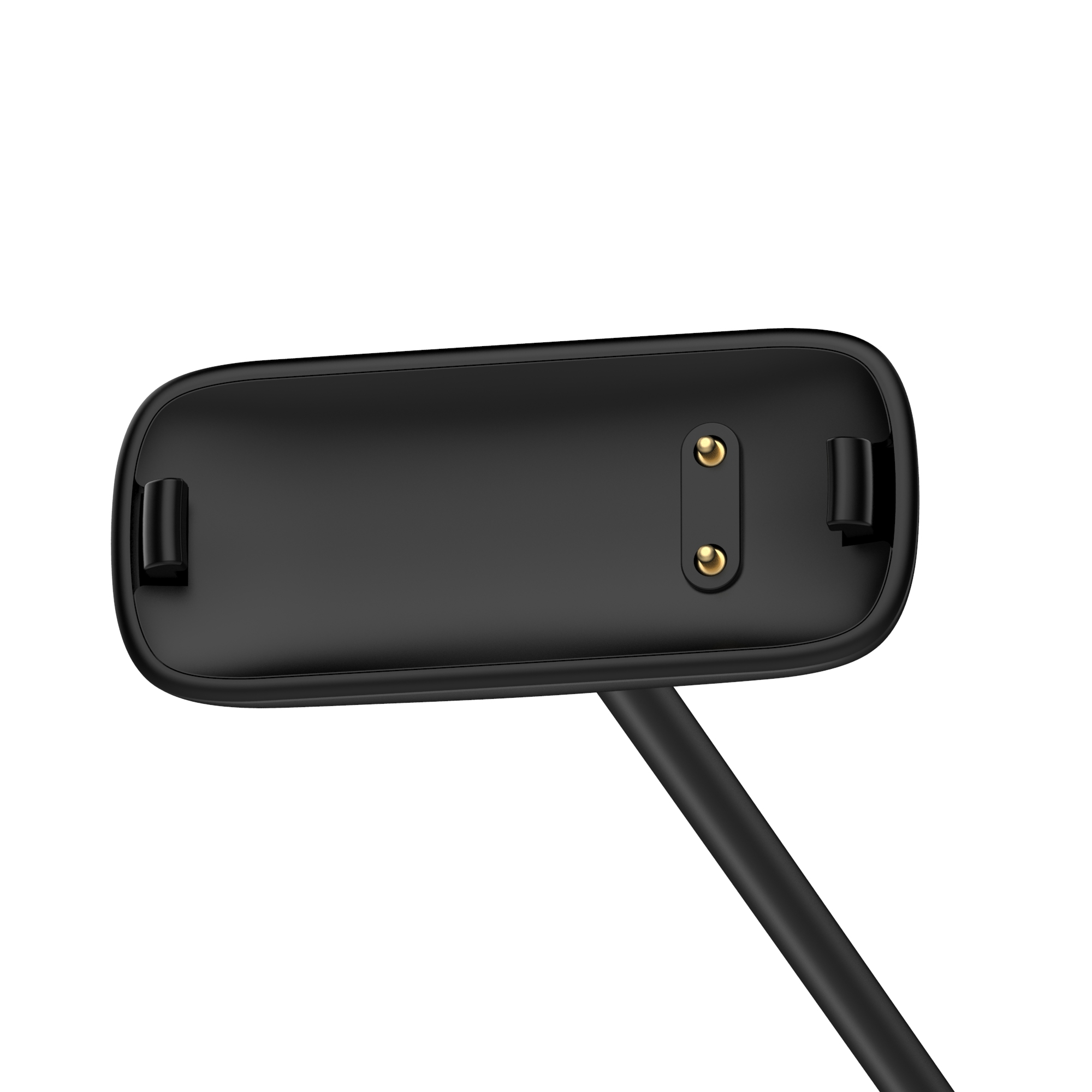Schwarzes Smartwatch-Ladegerät mit zwei goldenen Stiften und einem Kabel. Das Ladegerät vor weißem Hintergrund.