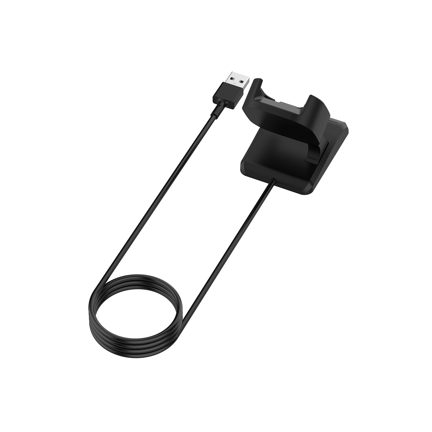 Eine schwarze USB-Ladestation mit angeschlossenem USB-Kabel. Die Dockingstation befindet sich auf weißem Hintergrund.