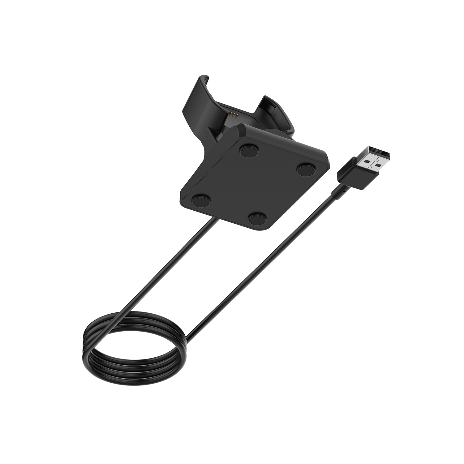 Eine schwarze Ladestation für eine Smartwatch mit angeschlossenem USB-Kabel.