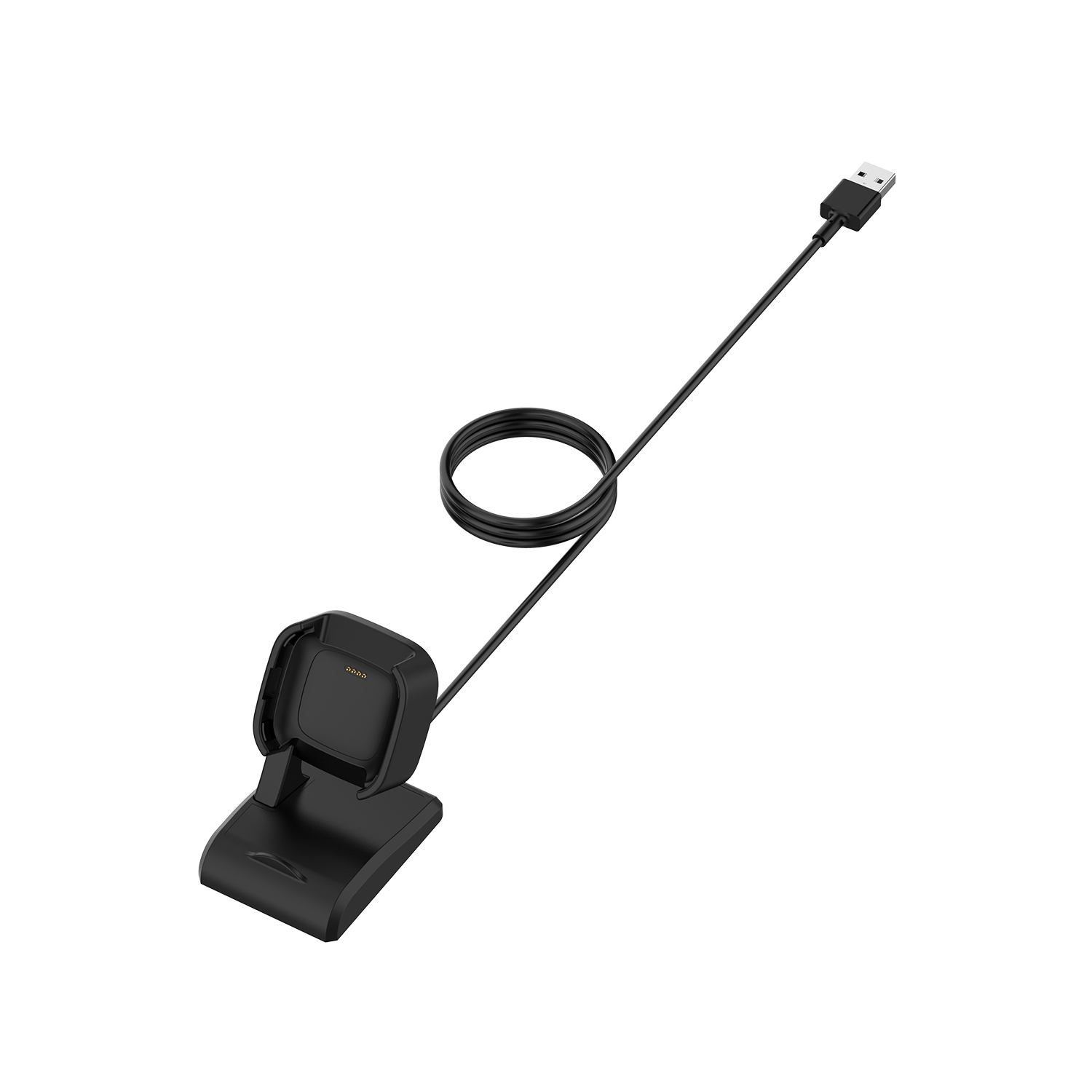 Schwarze Ladestation und Kabel für eine Smartwatch, vor weißem Hintergrund.