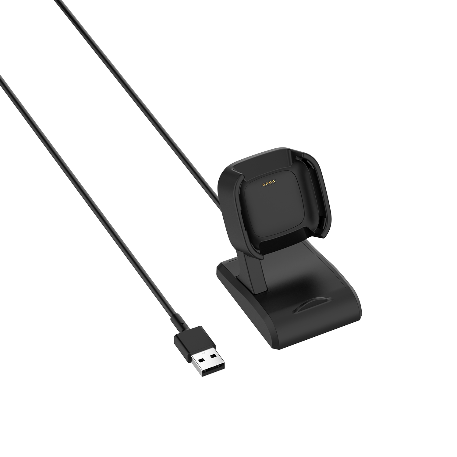 Ein schwarzer Ladeständer mit angeschlossenem USB-Kabel.