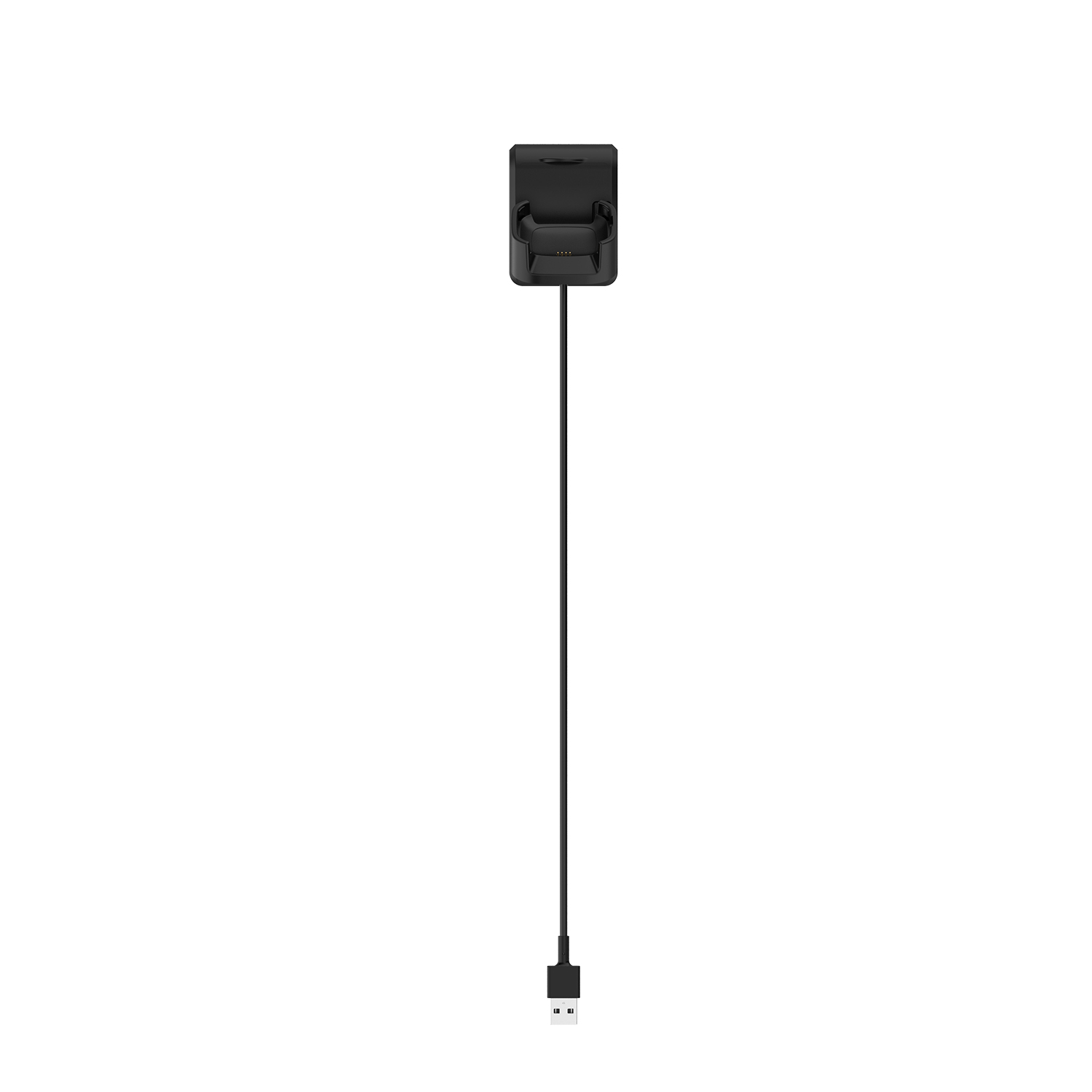 Schwarze Ladestation mit Kabel und USB-Anschluss. Isoliert auf weißem Hintergrund.