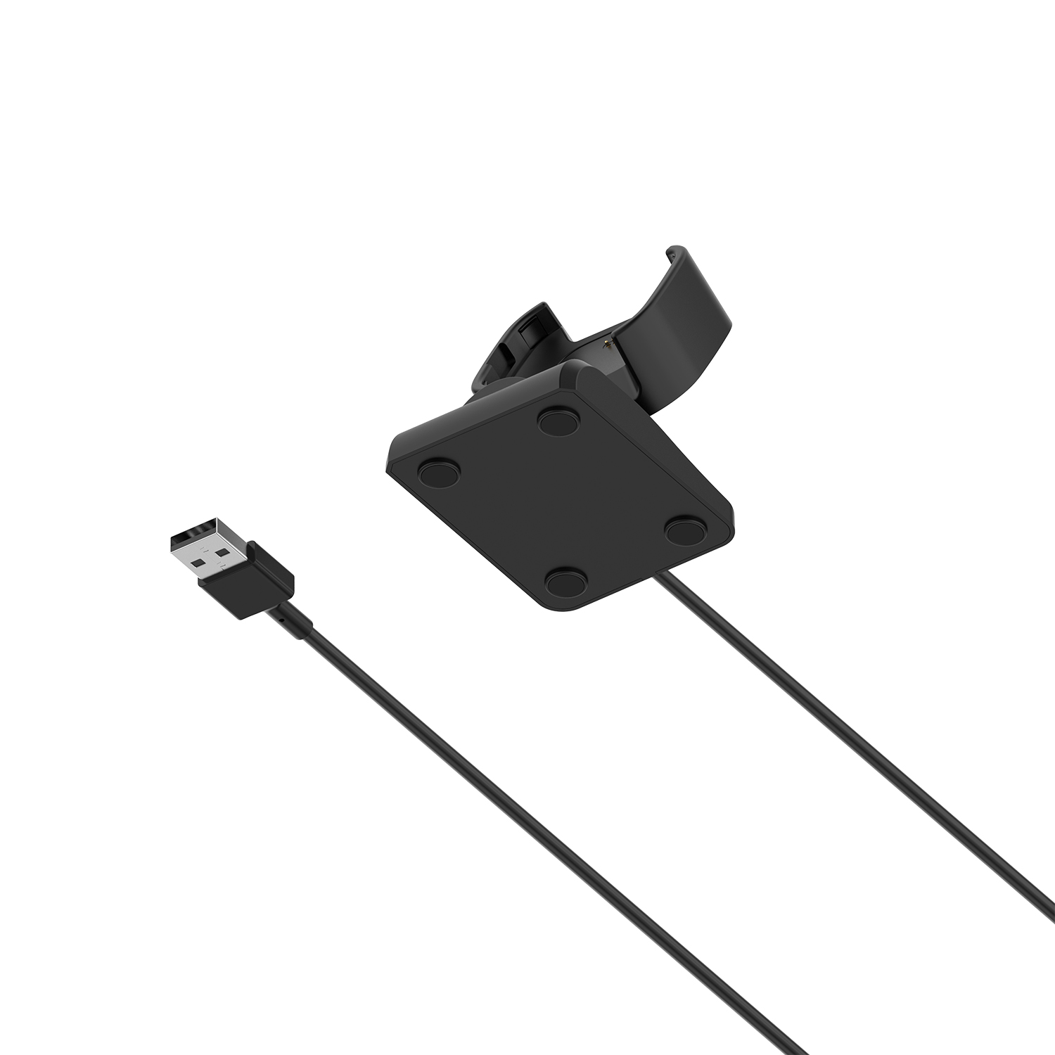 Ein schwarzer Ladeständer mit angeschlossenem Kabel und USB-Anschluss.