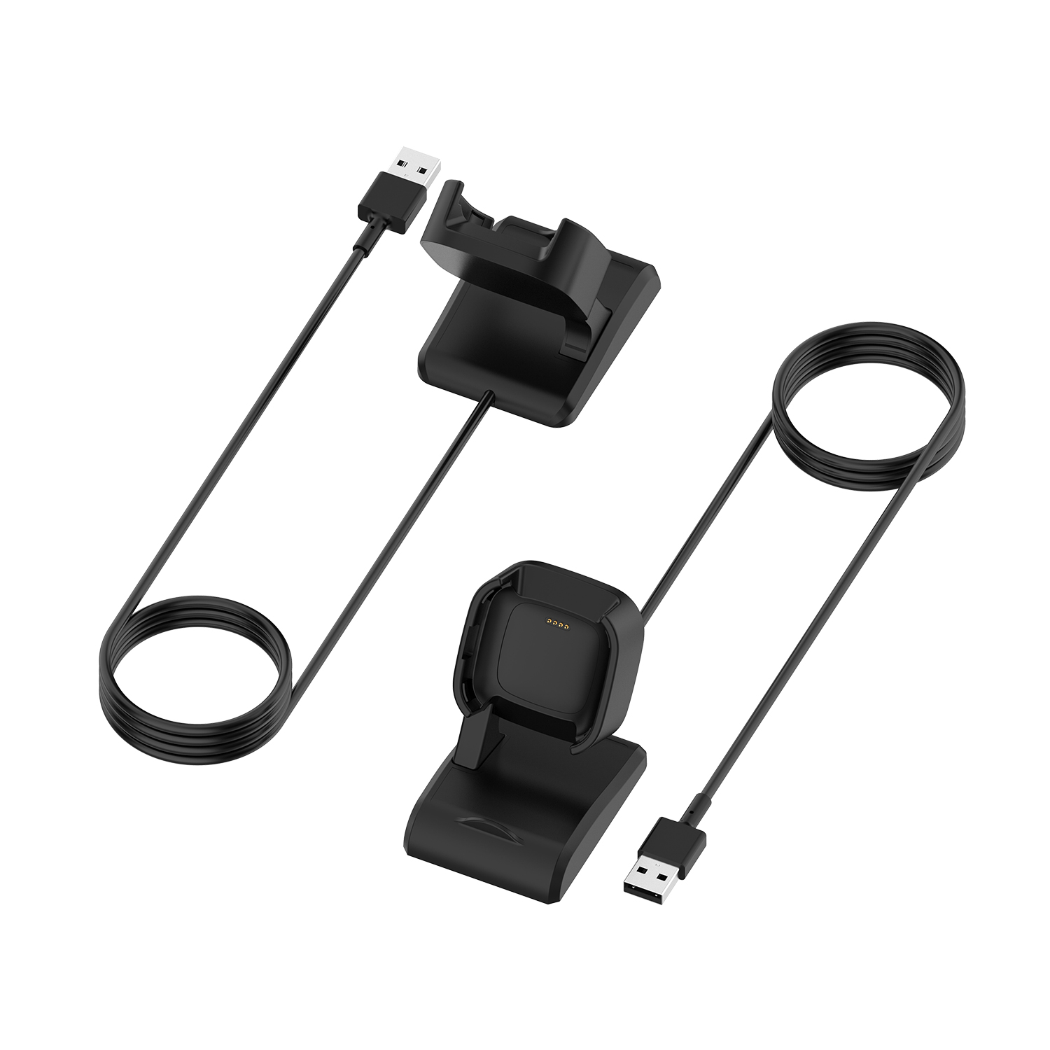 Zwei schwarze Smartwatch-Ladegeräte mit USB-Kabeln, die Ladeanschlüsse zeigen.
