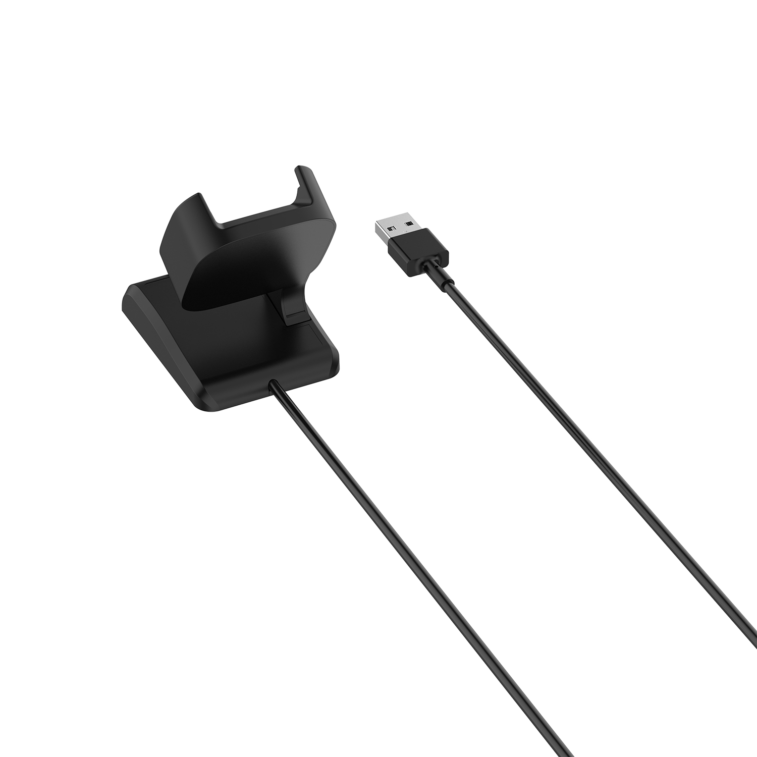 Schwarze Ladestation mit angeschlossenem USB-Kabel. Das Kabel ist schwarz und hat einen USB-Anschluss.