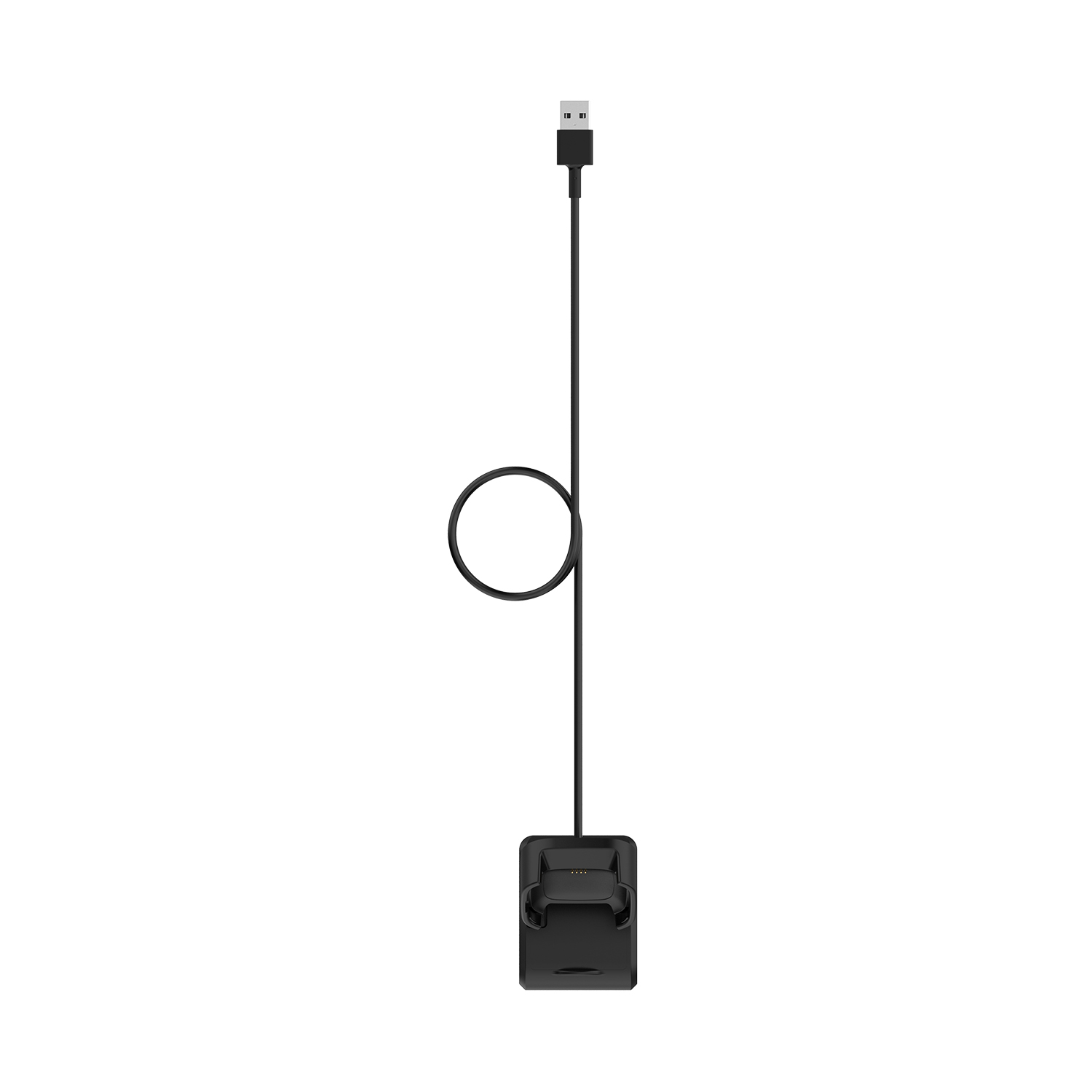 Schwarzes Smartwatch-Ladegerät mit USB-Ende und kreisförmigem Lade-Pad. Weißer Hintergrund.