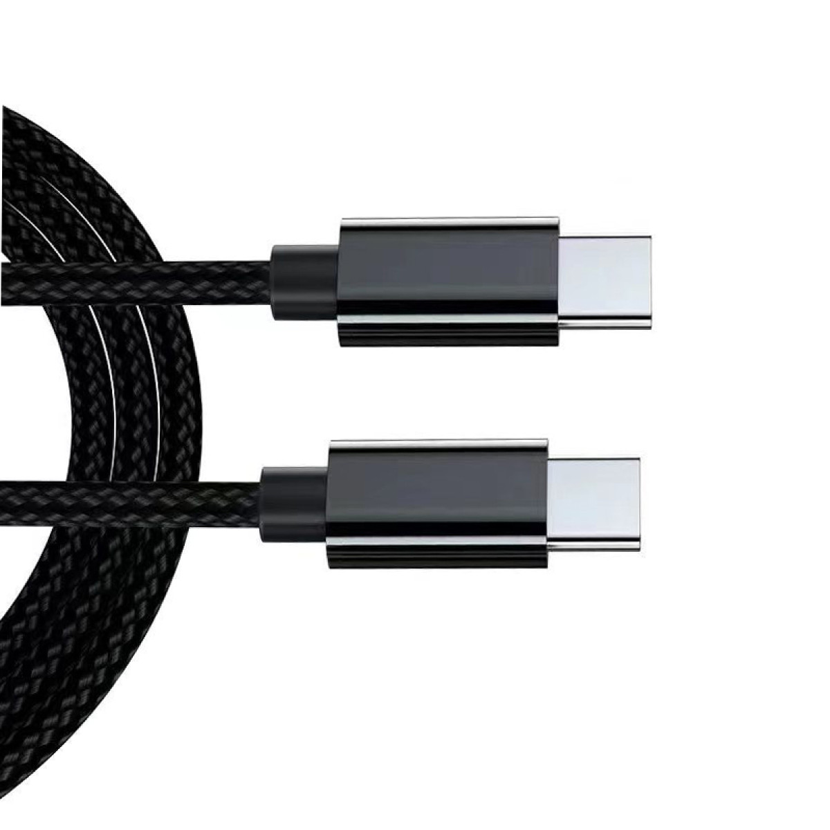 Nahaufnahme eines schwarzen USB-C-Kabels mit zwei Steckern, vor weißem Hintergrund.