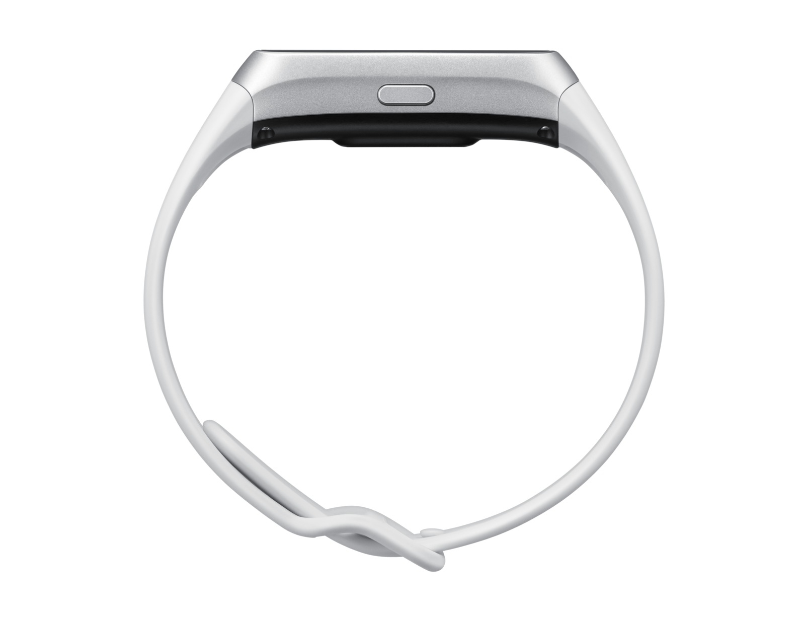 Weiße Smartwatch mit gebogenem Armband, von oben gesehen, auf weißem Hintergrund.