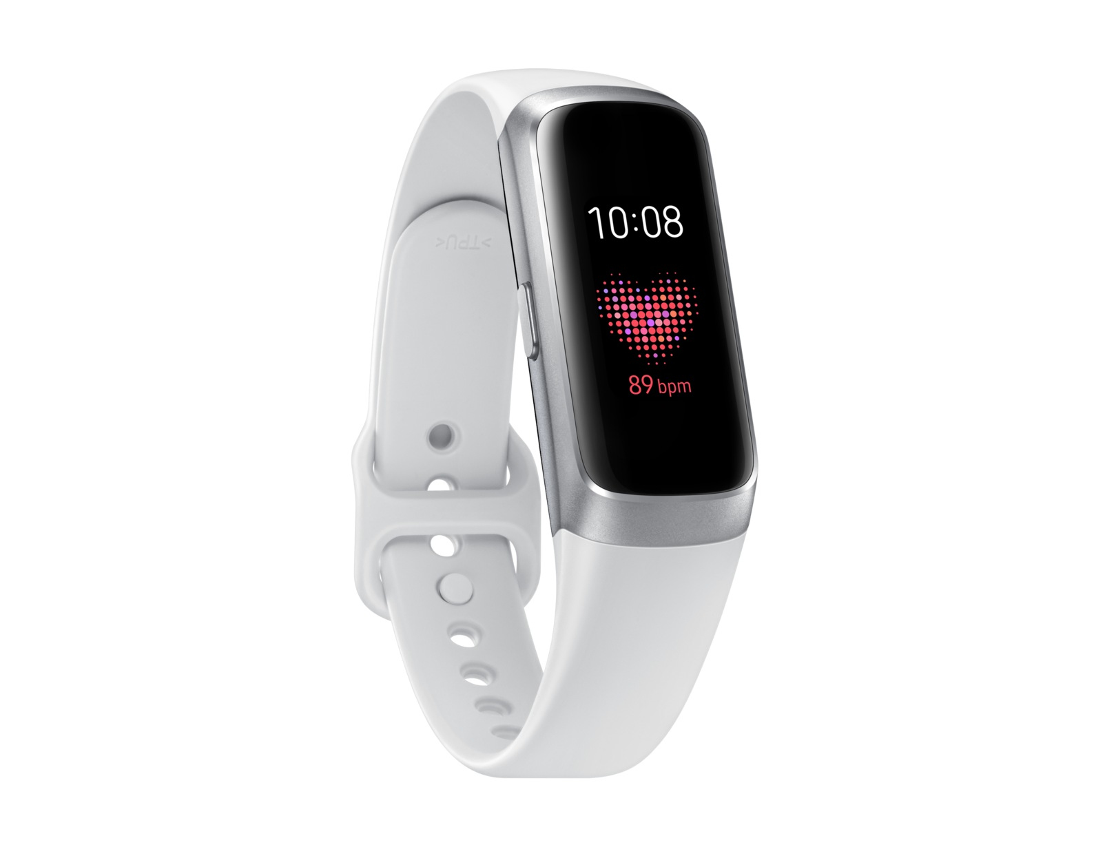 Eine weiße Fitness-Tracker-Uhr zeigt Uhrzeit und Herzfrequenz an. Der Bildschirm zeigt eine Herzfrequenz von 89 bpm.