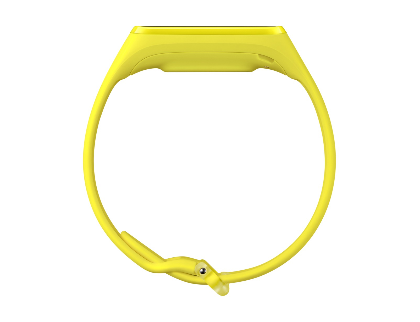 Gelbes Smartband mit Schnalle. Es hat ein gebogenes Design und einen kleinen Bildschirm.
