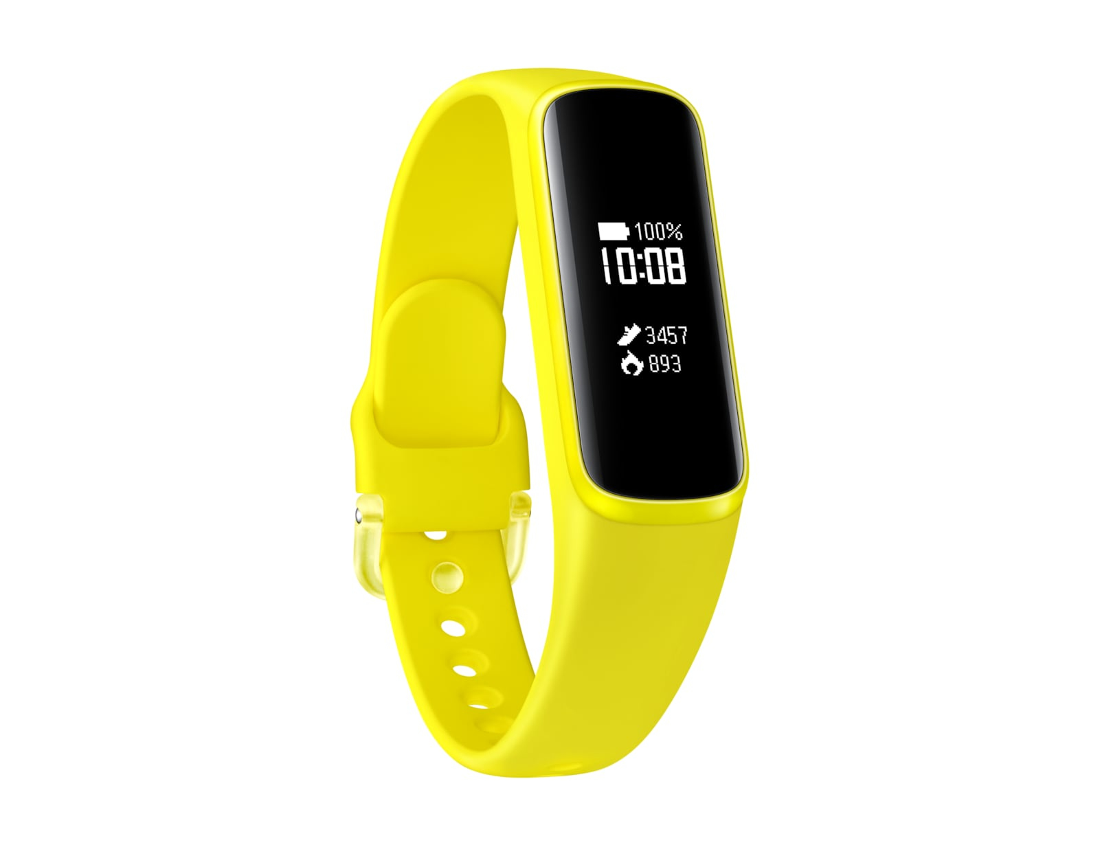 Gelber Fitnesstracker mit schwarzem Bildschirm, der Zeit, Akku, Schritte und Herzfrequenz anzeigt. Er hat ein gelbes Armband.