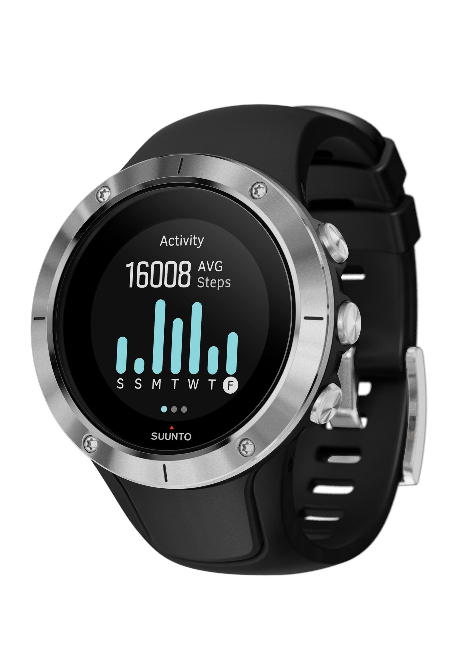 Schwarze und silberne Suunto-Uhr mit Aktivitätsdaten auf dem Bildschirm. Schwarzes Armband.