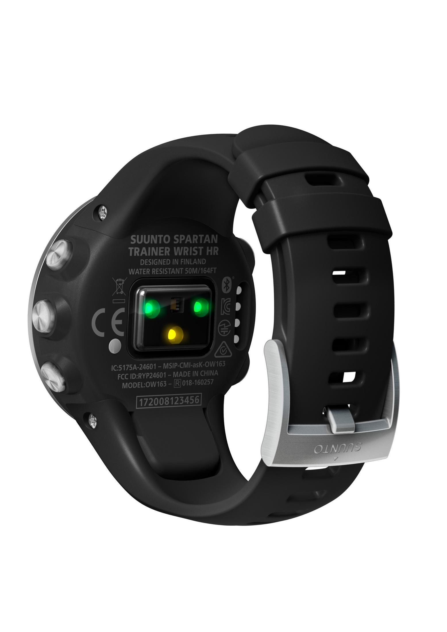 Schwarze Suunto Spartan Uhr mit sichtbarer Rückseite. Herzfrequenzsensor und Text.