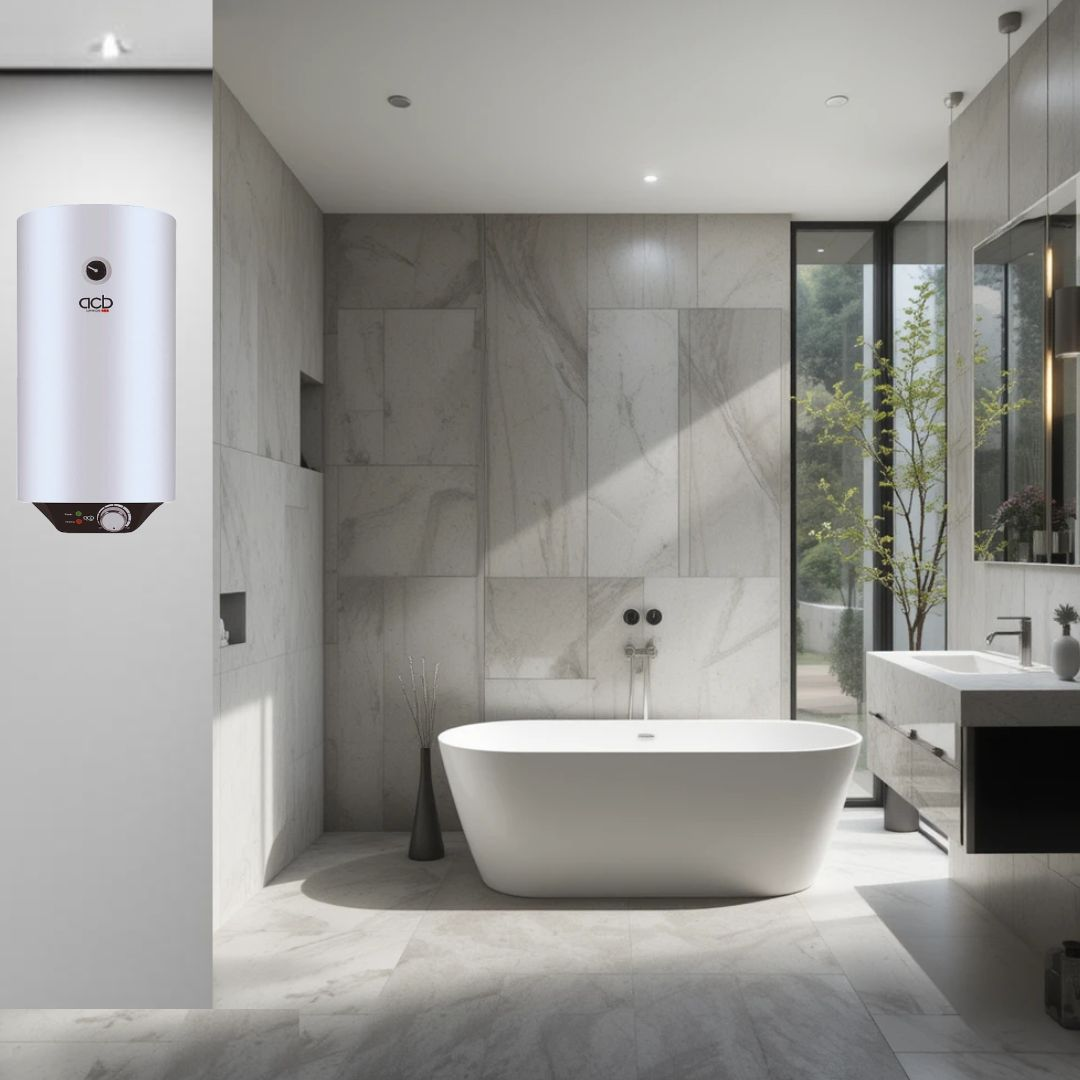 Escena de baño moderno con bañera blanca, calentador de agua y espejo grande.