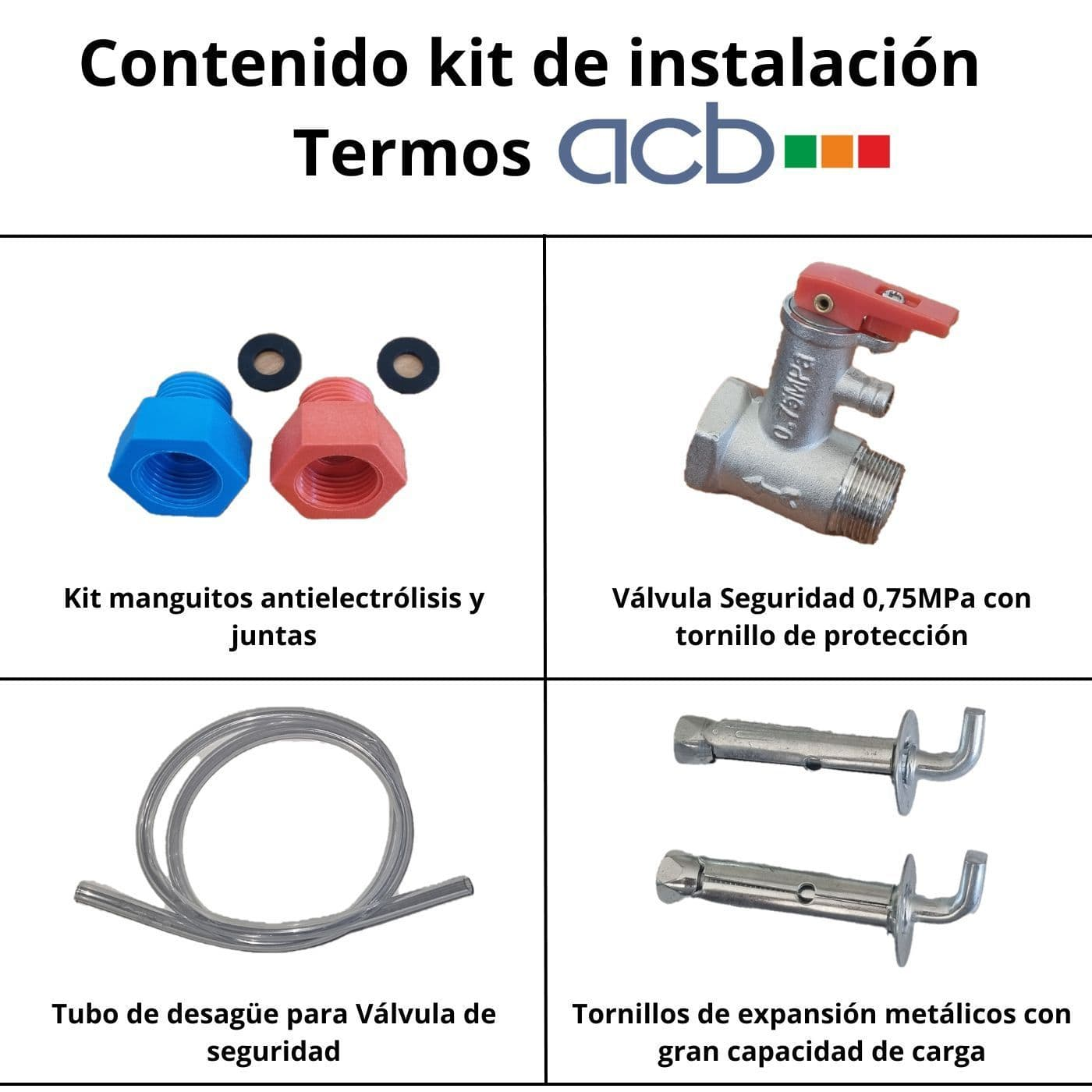 Componentes del kit de instalación: racores azules y rojos, una válvula de seguridad y pernos de expansión.