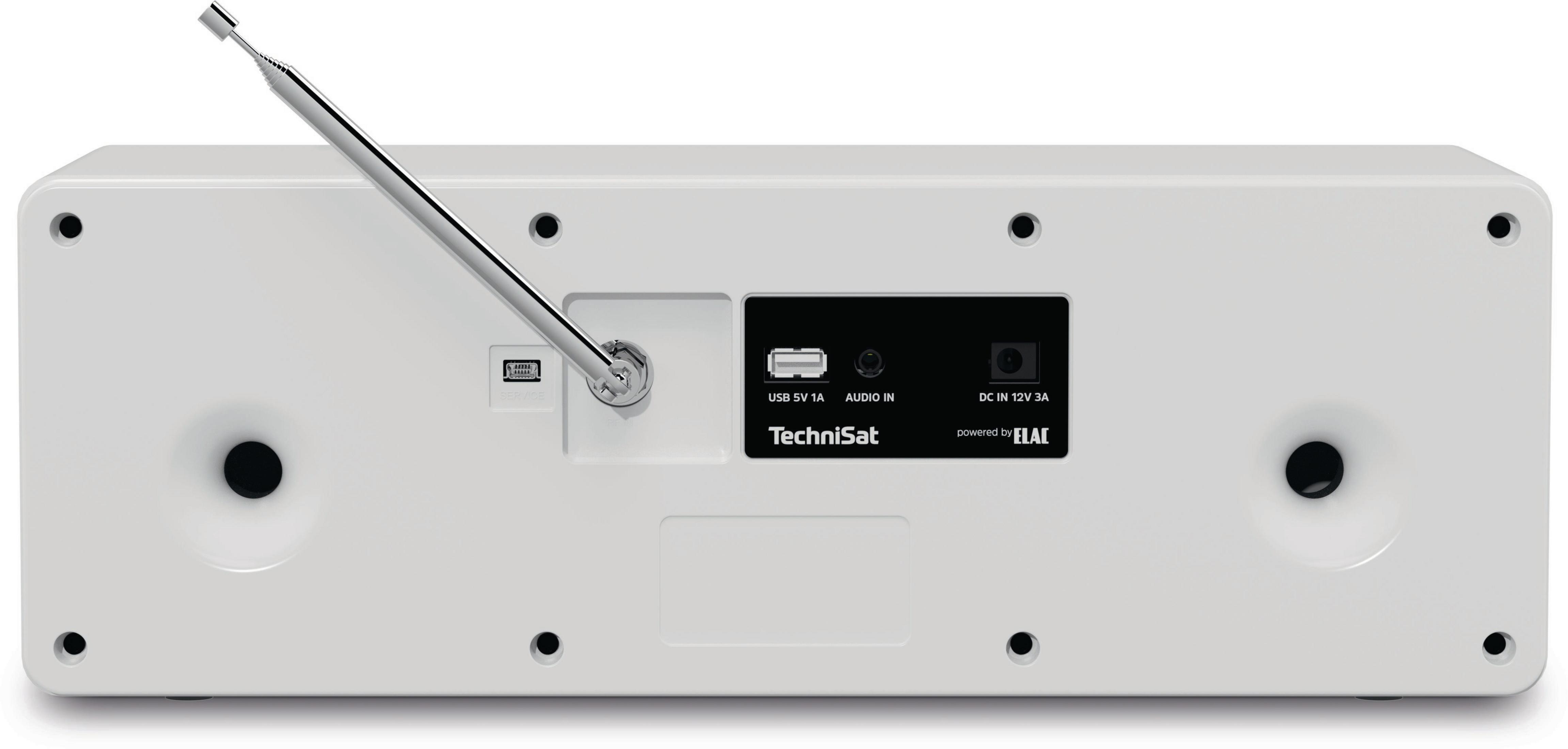 Tył białego radia z USB, anteną i innymi portami połączeniowymi.