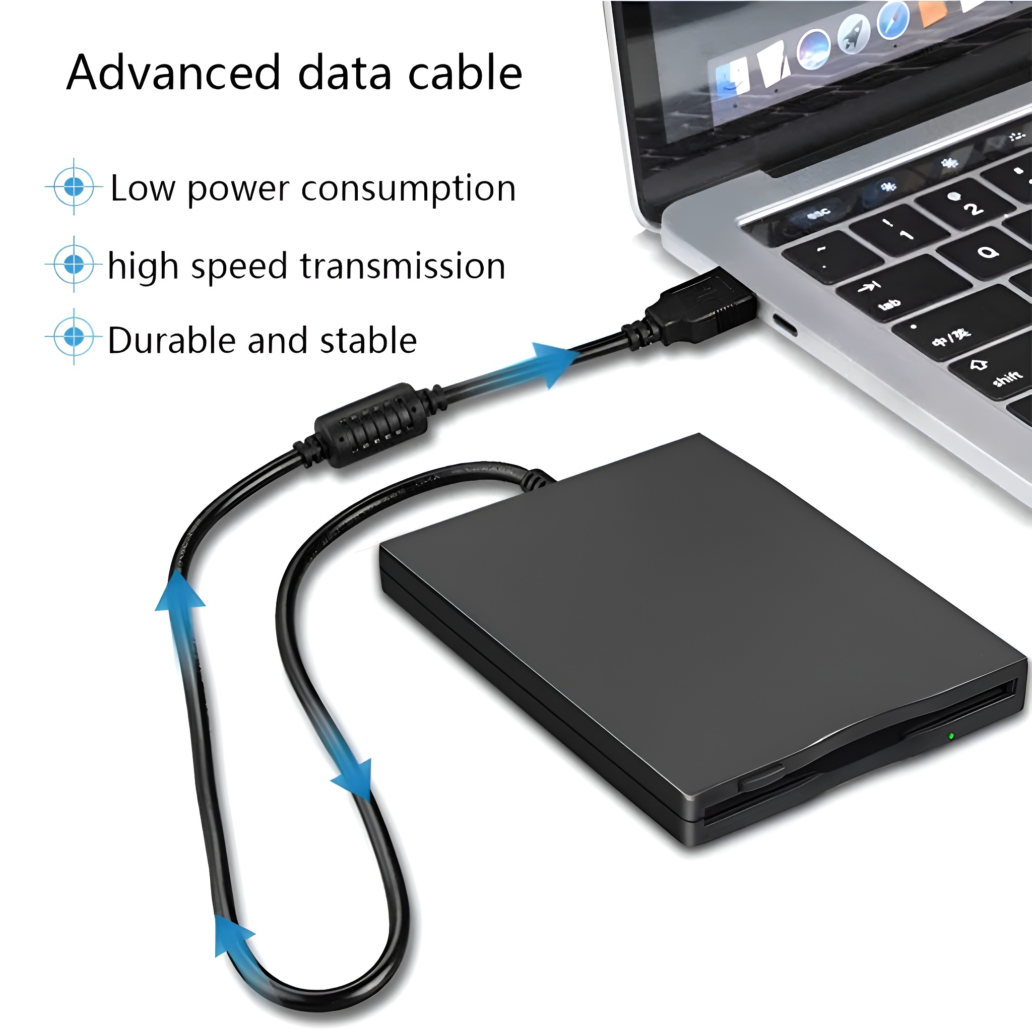 Laptop mit Datenkabel verbunden, mit Vorteilen: geringe Leistung, hohe Geschwindigkeit, langlebig.