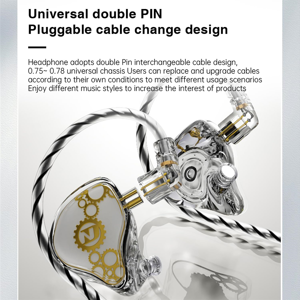 Kopfhörer mit transparentem Gehäuse und goldenen Akzenten, mit austauschbarem Kabeldesign.