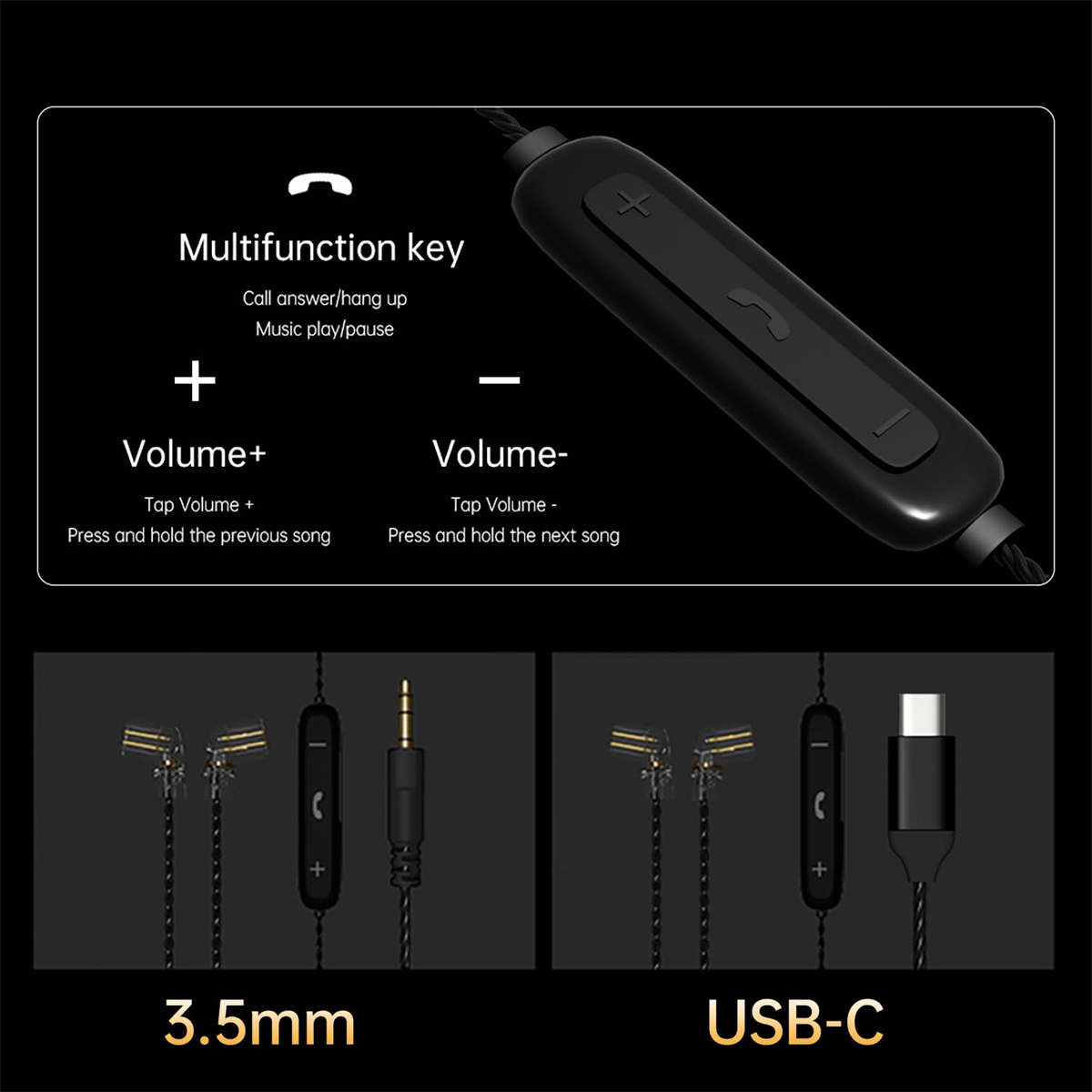 Bild zeigt Headset-Bedienelemente: Multifunktionstaste, Lauter- und Leiser-Tasten. Außerdem 3,5-mm- und USB-C-Anschlussansichten.