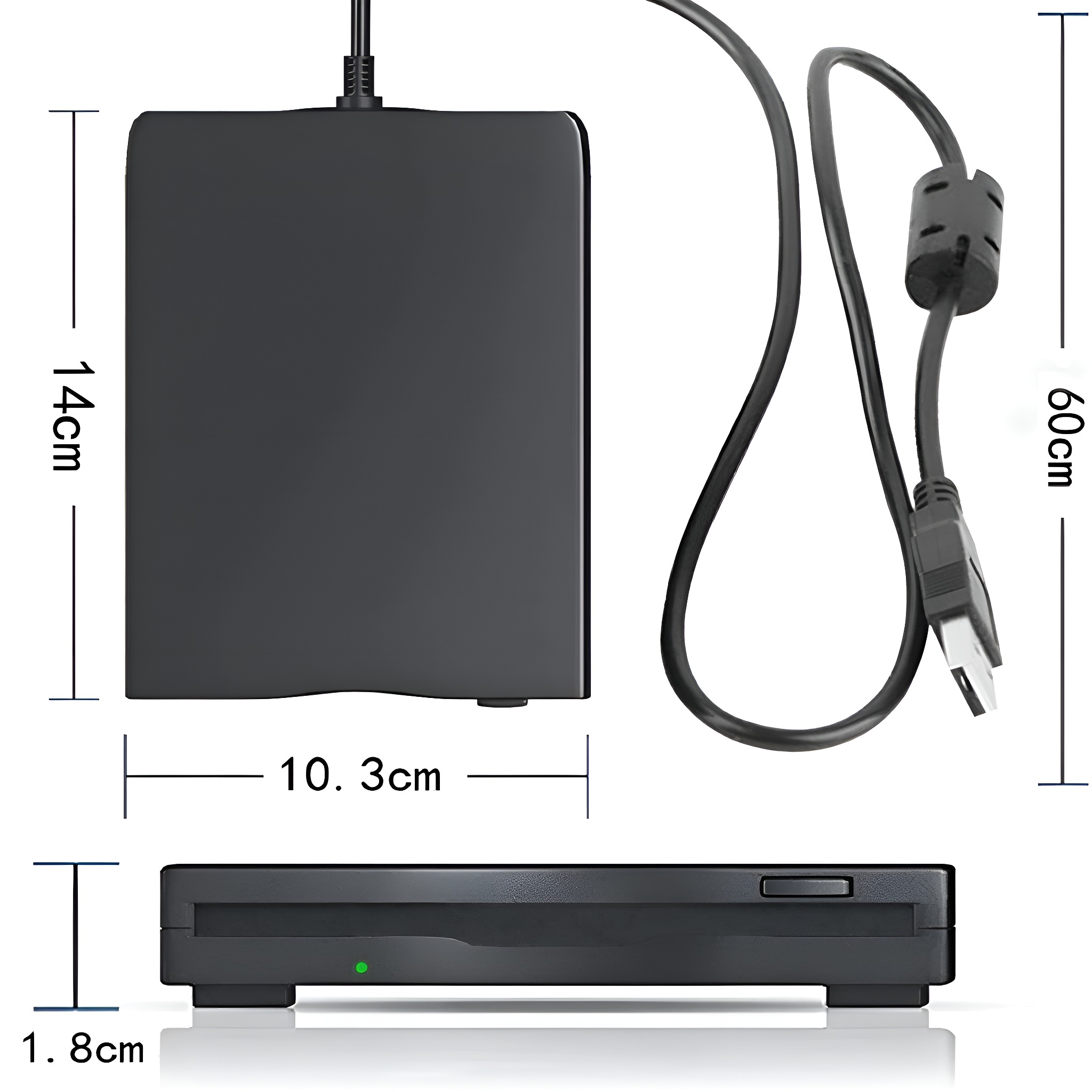 Schwarzes elektronisches Gerät mit Maßen. Draufsicht, Vorderansicht und Seitenansicht. Weißer Hintergrund.