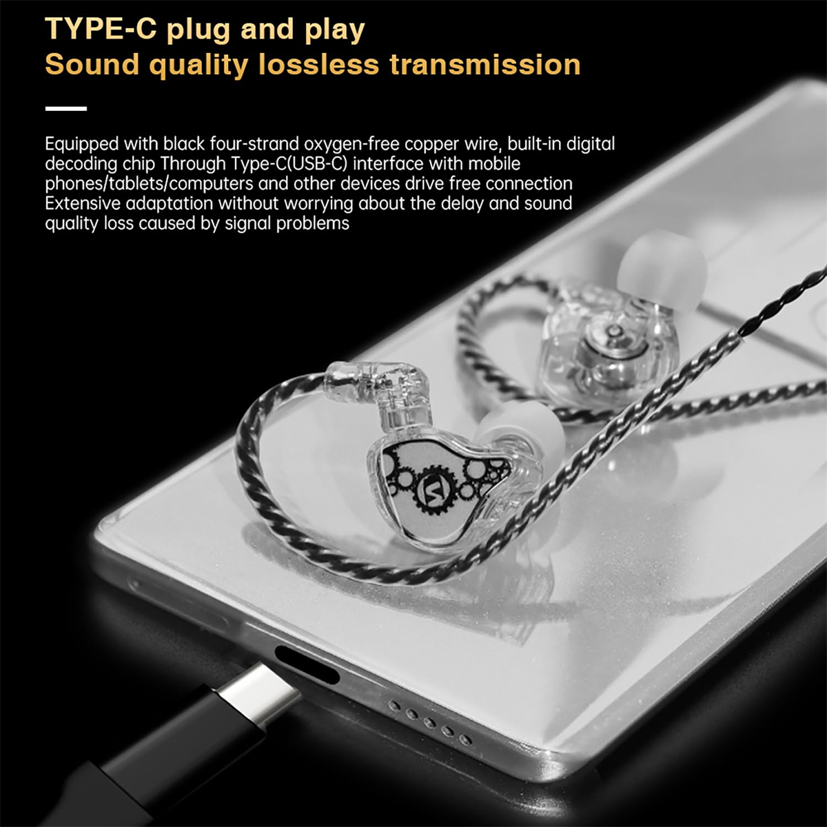 Kopfhörer auf einem Telefon mit Text zur Klangqualität. Schwarzes Kabel, weißer und transparenter Ohrhörer.