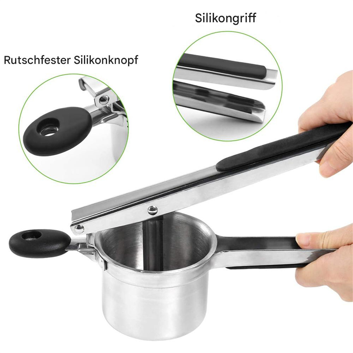 Kartoffelpresse aus Edelstahl mit schwarzen Griffen, die Anwendung wird gezeigt. Text auf Deutsch.