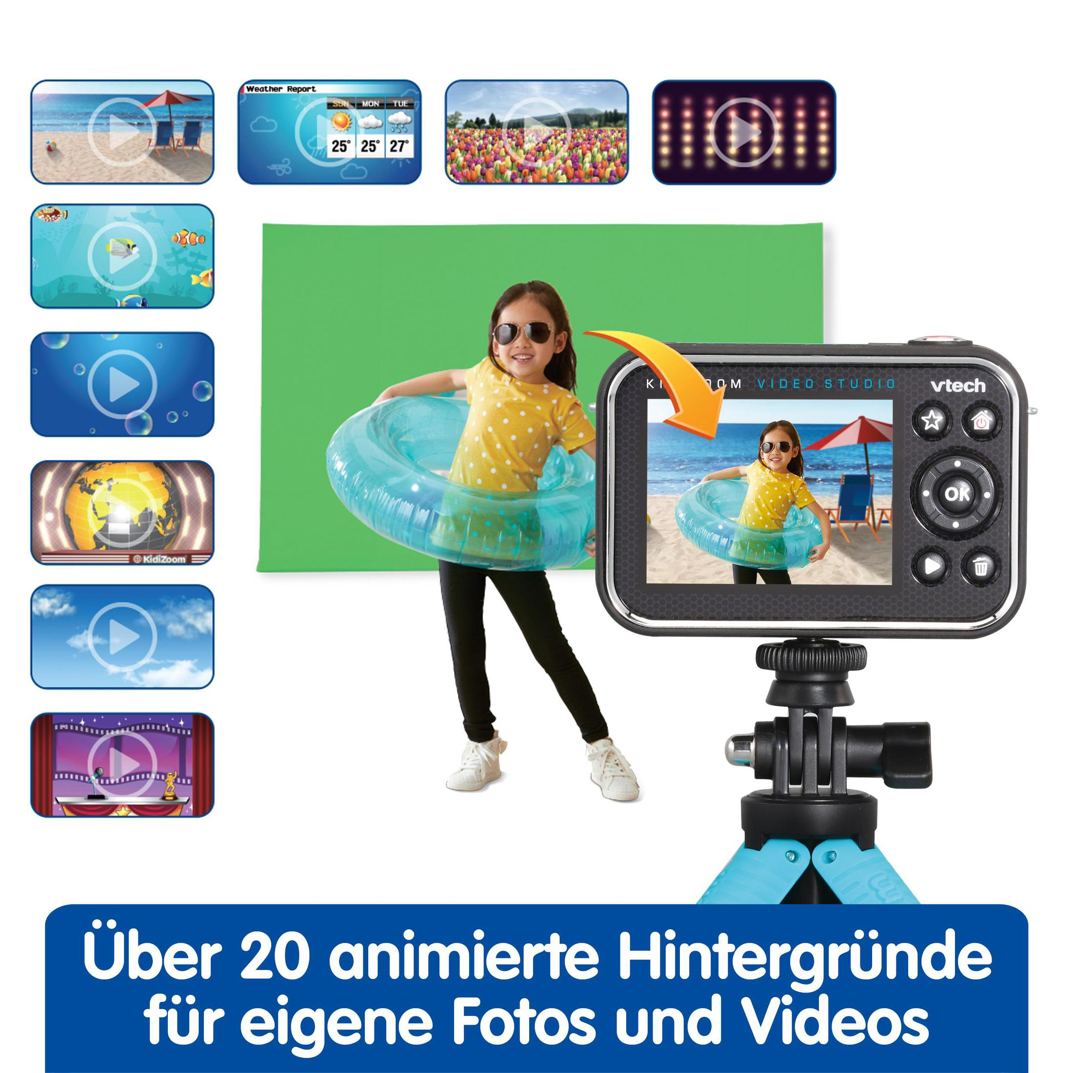 Eine Kidizoom Kamera auf einem Stativ mit einem Mädchen in einem Schwimmring vor einer grünen Leinwand und mehreren Video Beispielen.