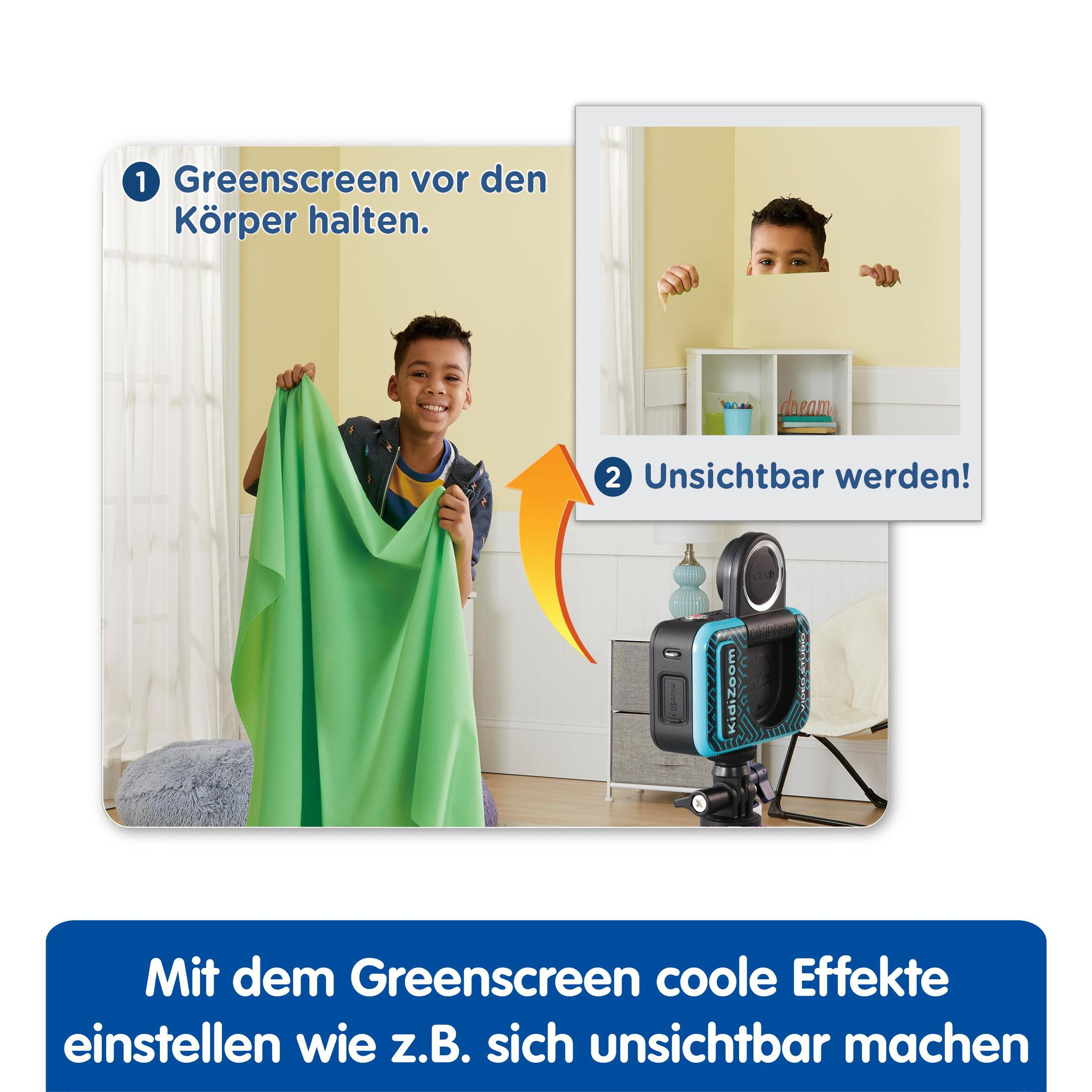 Ein Junge hält eine grüne Leinwand vor seinen Körper, und ein Foto mit einer Kidizoom Kamera auf einem Stativ. Text erklärt die Nutzung.