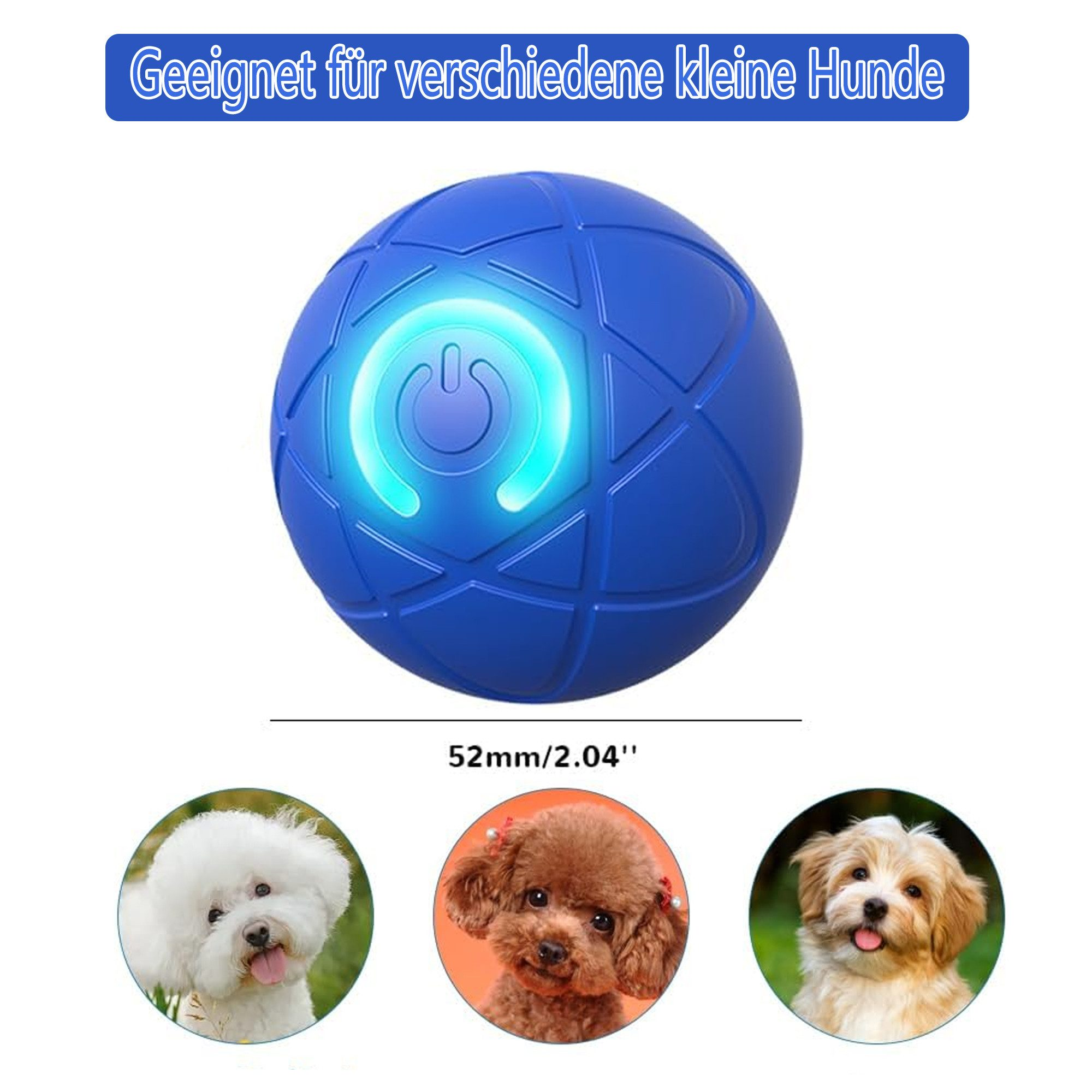 Blauer Ball mit Power-Button-Grafik und drei kleinen Hunden, Text: 'Für kleine Hunde'.