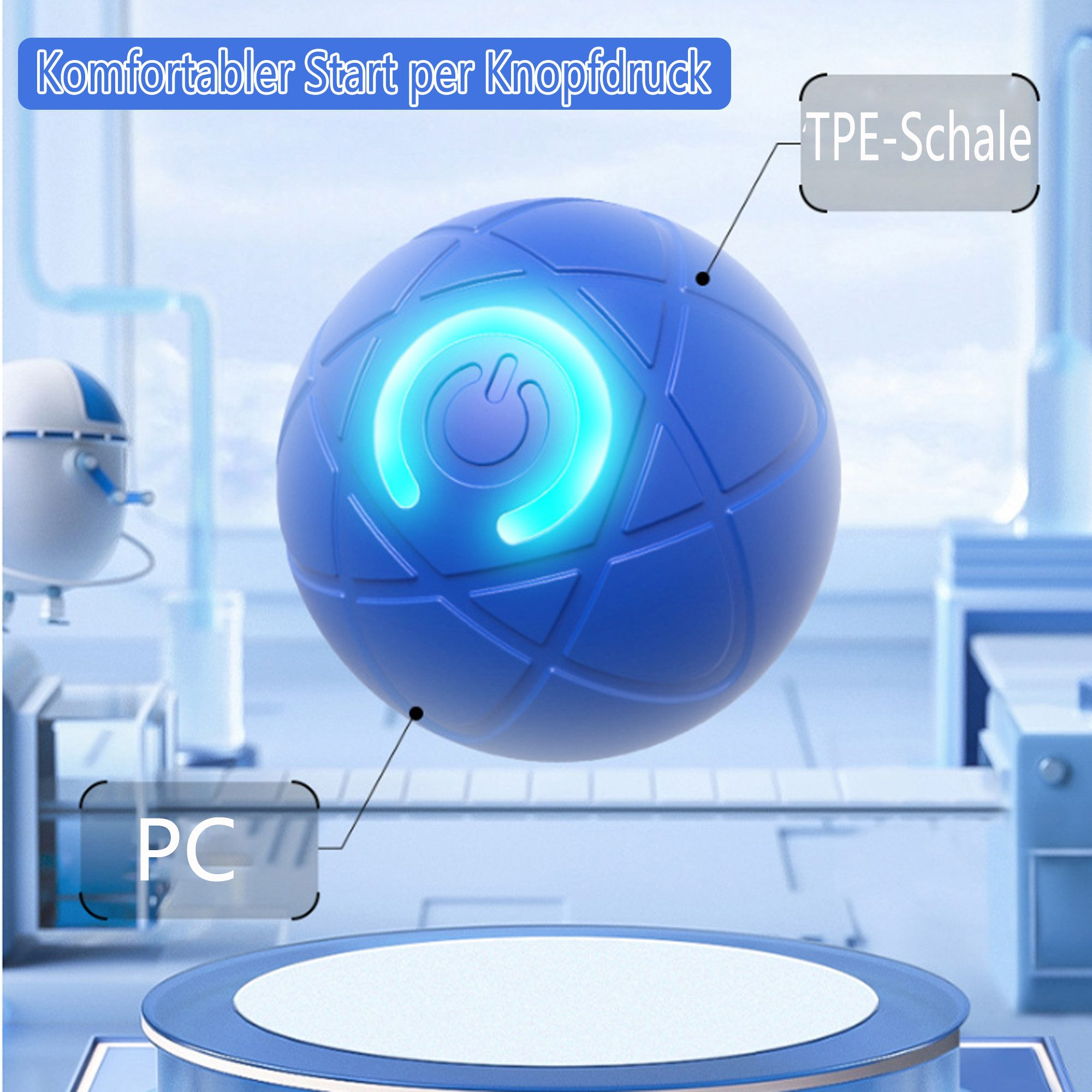 Eine blaue Kugel mit Power-Button-Design auf weißer, kreisförmiger Basis.