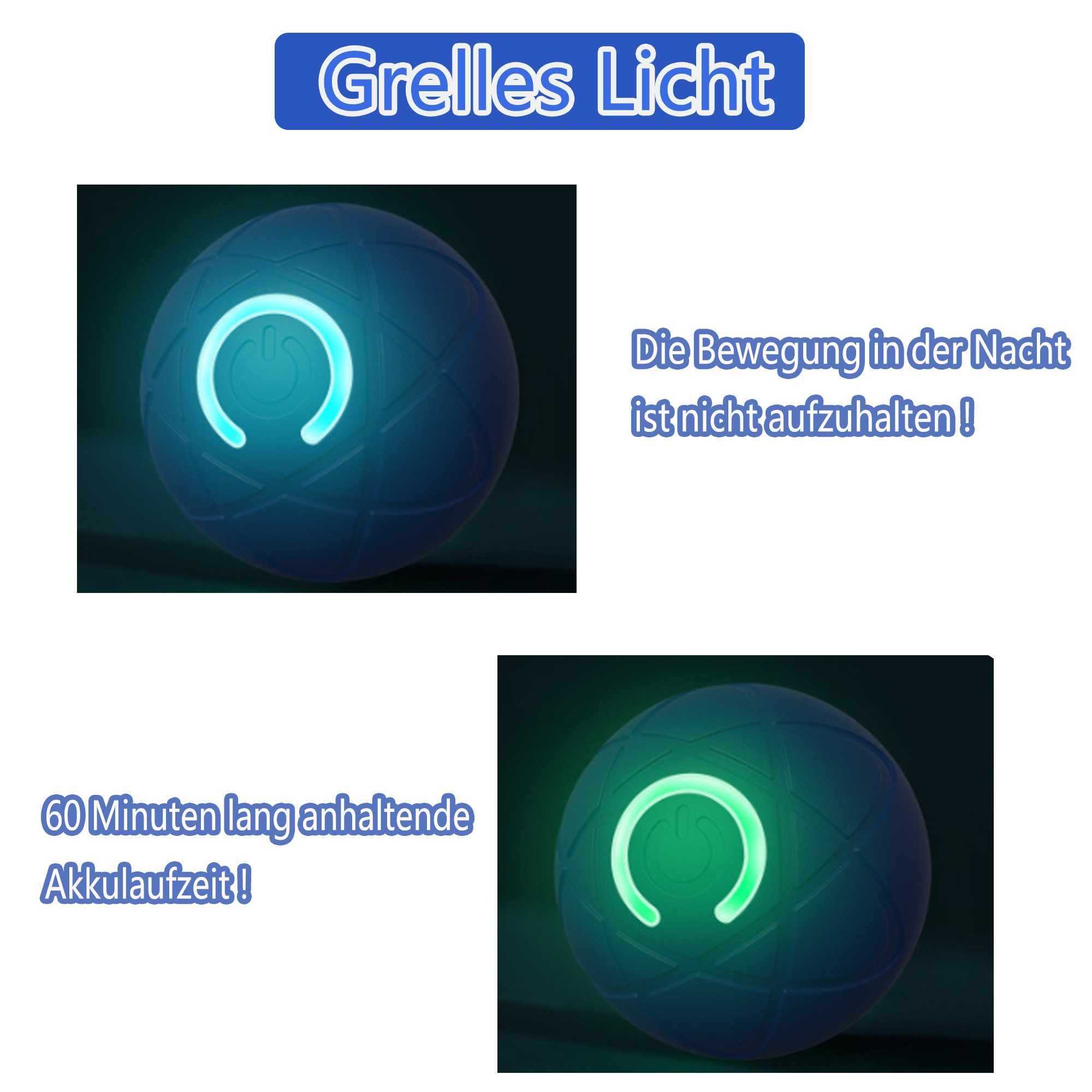 Ein leuchtender blauer Ball mit einem Ein/Aus-Symbol. Text sagt helles Licht und lange Akkulaufzeit.