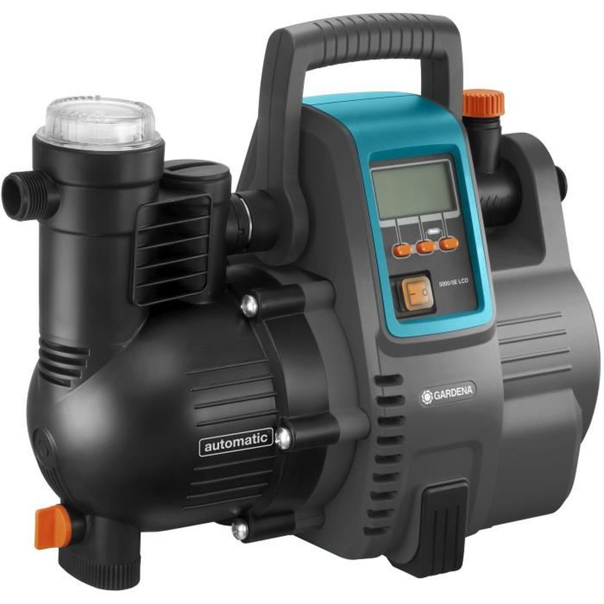 Eine schwarz-blaue Wasserpumpe mit Griff, Knöpfen und Digitalanzeige, die Details zeigt.