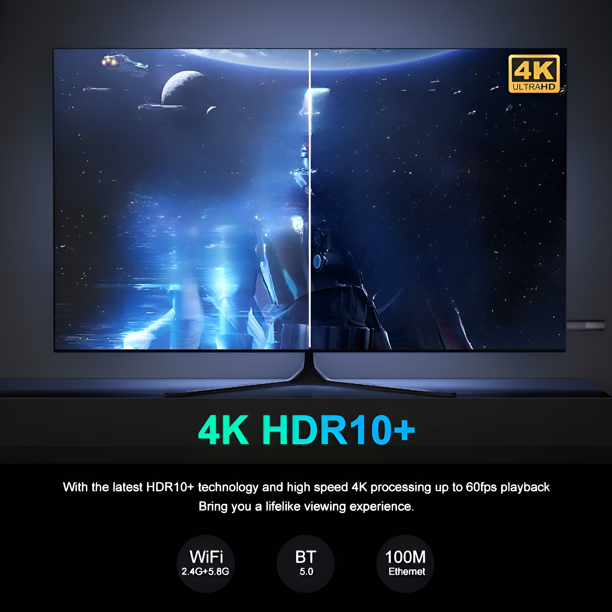 TV-Bildschirm mit Weltraumszene und 4K HDR10+ Text. Details: WiFi, BT 5.0 und 100M Ethernet.