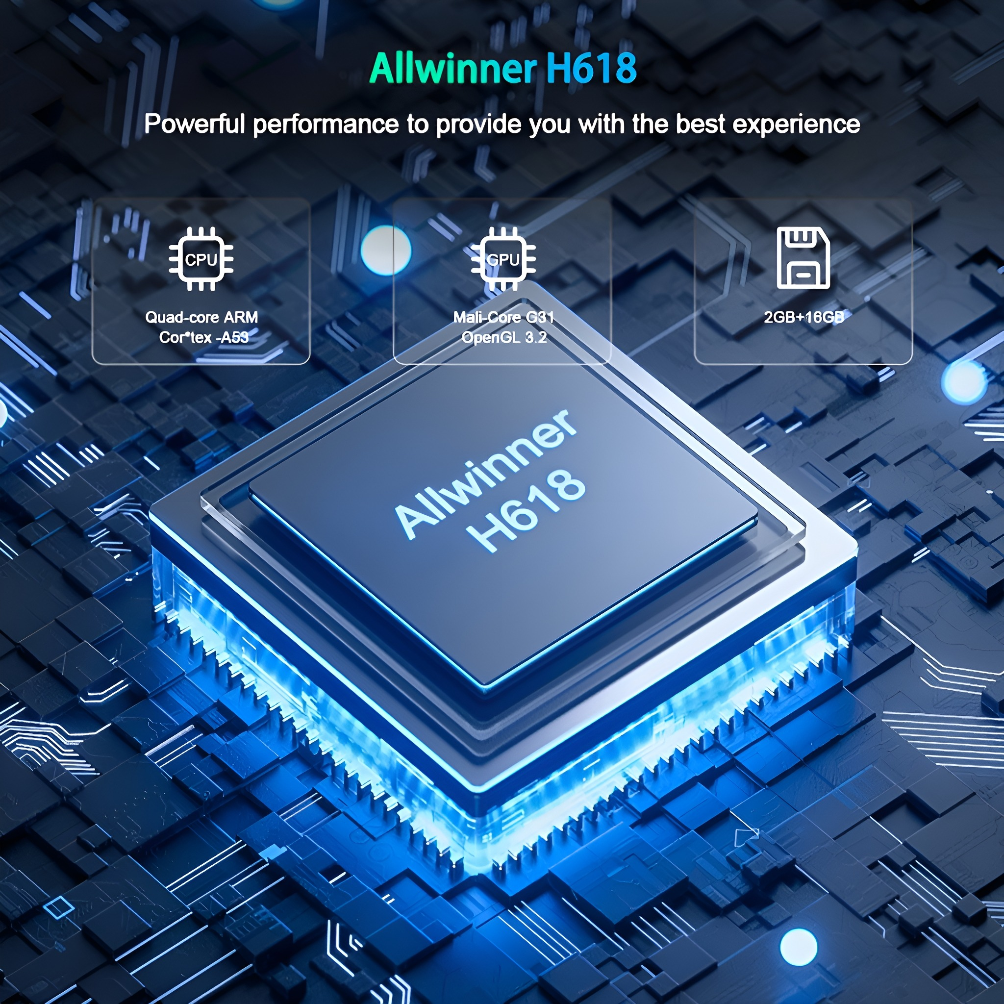 Leiterplatte mit Text, Allwinner H618. Grafiken von CPU, GPU und Speicher. Blauer und schwarzer Hintergrund.