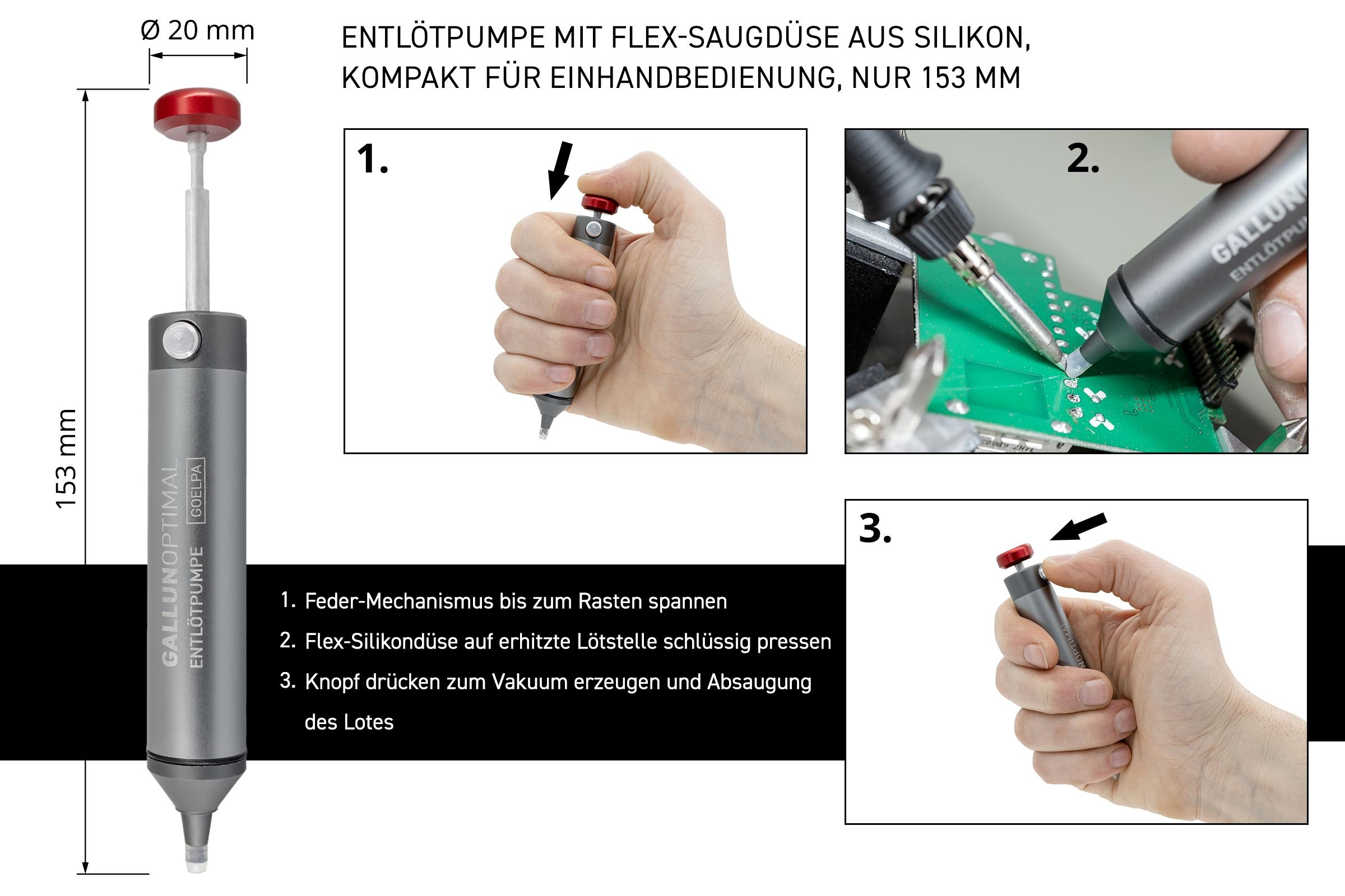 Eine Entlötpumpe mit Anweisungen: roten Knopf drücken, auf Lötzinn drücken, Knopf zum Saugen drücken.