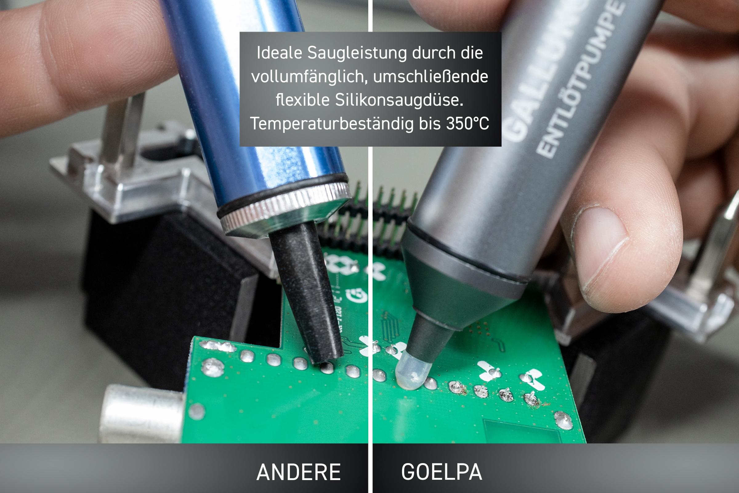 Zwei Lötkolben auf einer grünen Leiterplatte. Textlabels auf den Werkzeugen. Nahaufnahme.