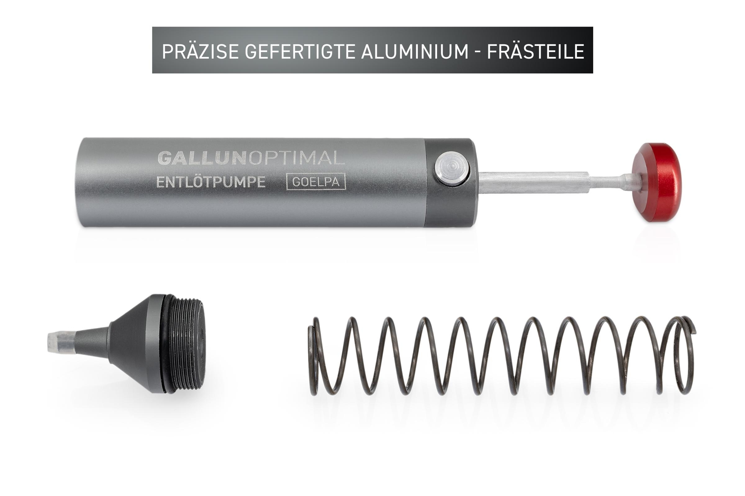 Vier Produktaufnahmen einer silbernen Entlötpumpe. Teile umfassen Gehäuse, Düse und Feder.