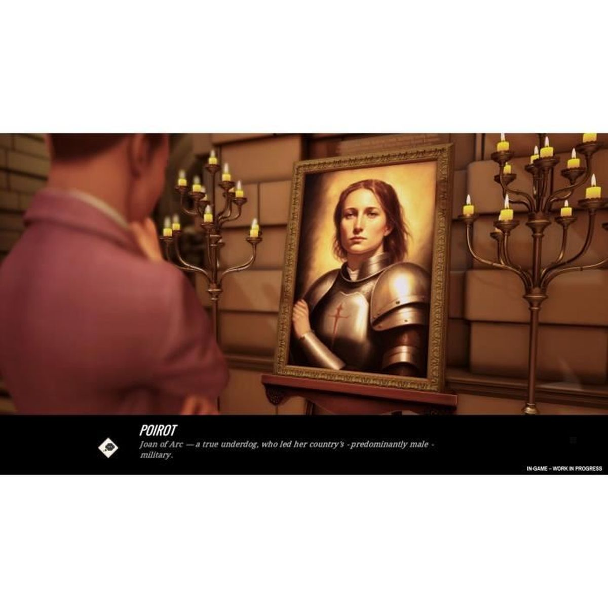 Mężczyzna patrzący na portret Joanny d'Arc, z świecznikami po obu stronach.