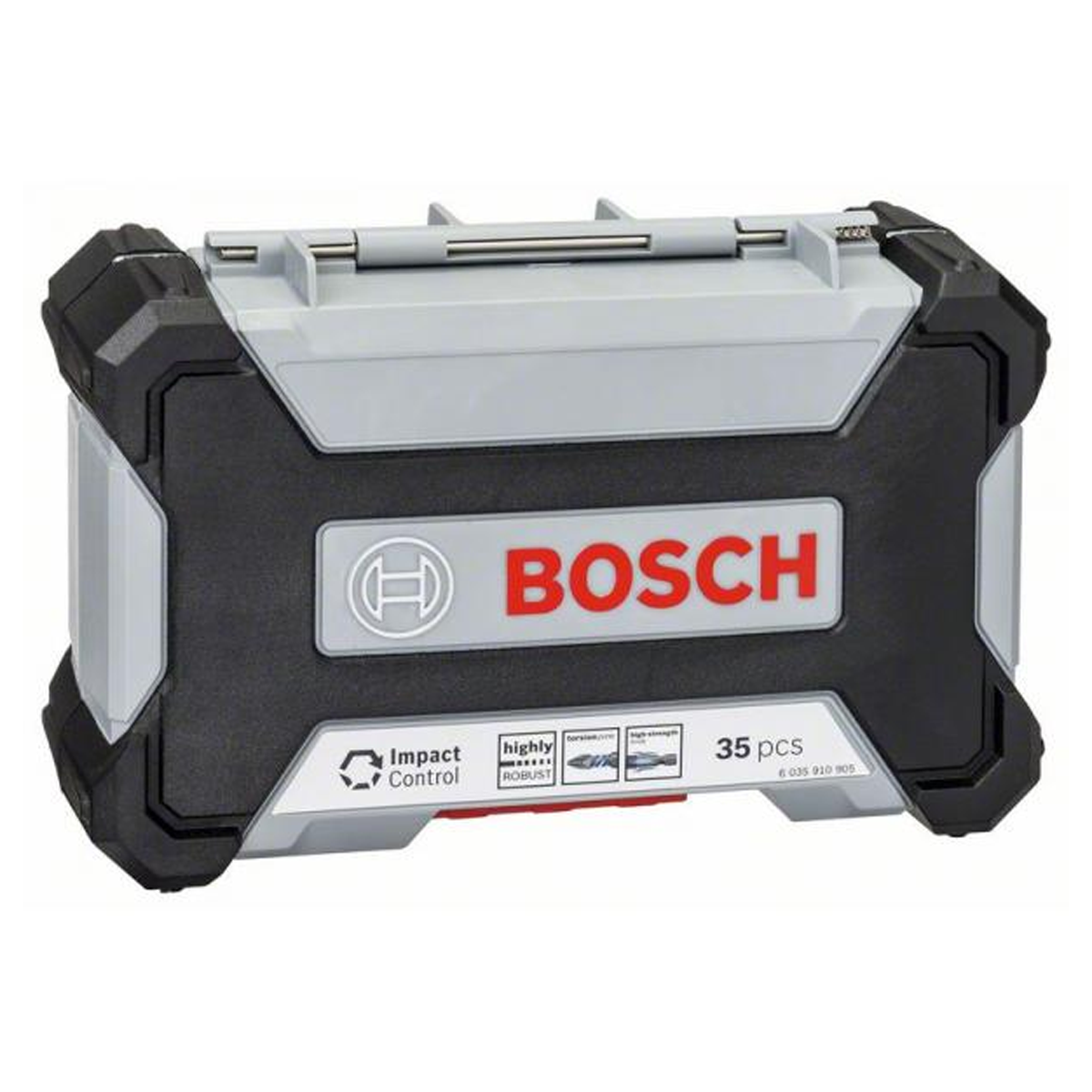 Cassetta degli attrezzi Bosch nera e grigia con 35 pezzi.