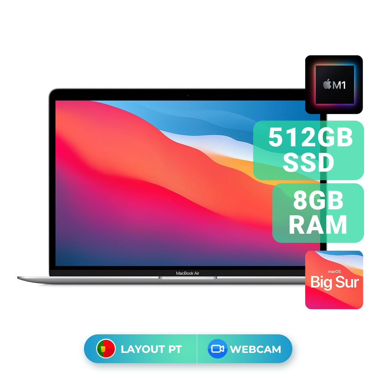 Srebrny MacBook Air z informacjami dla 512GB SSD, 8GB RAM, M1 i macOS Big Sur.